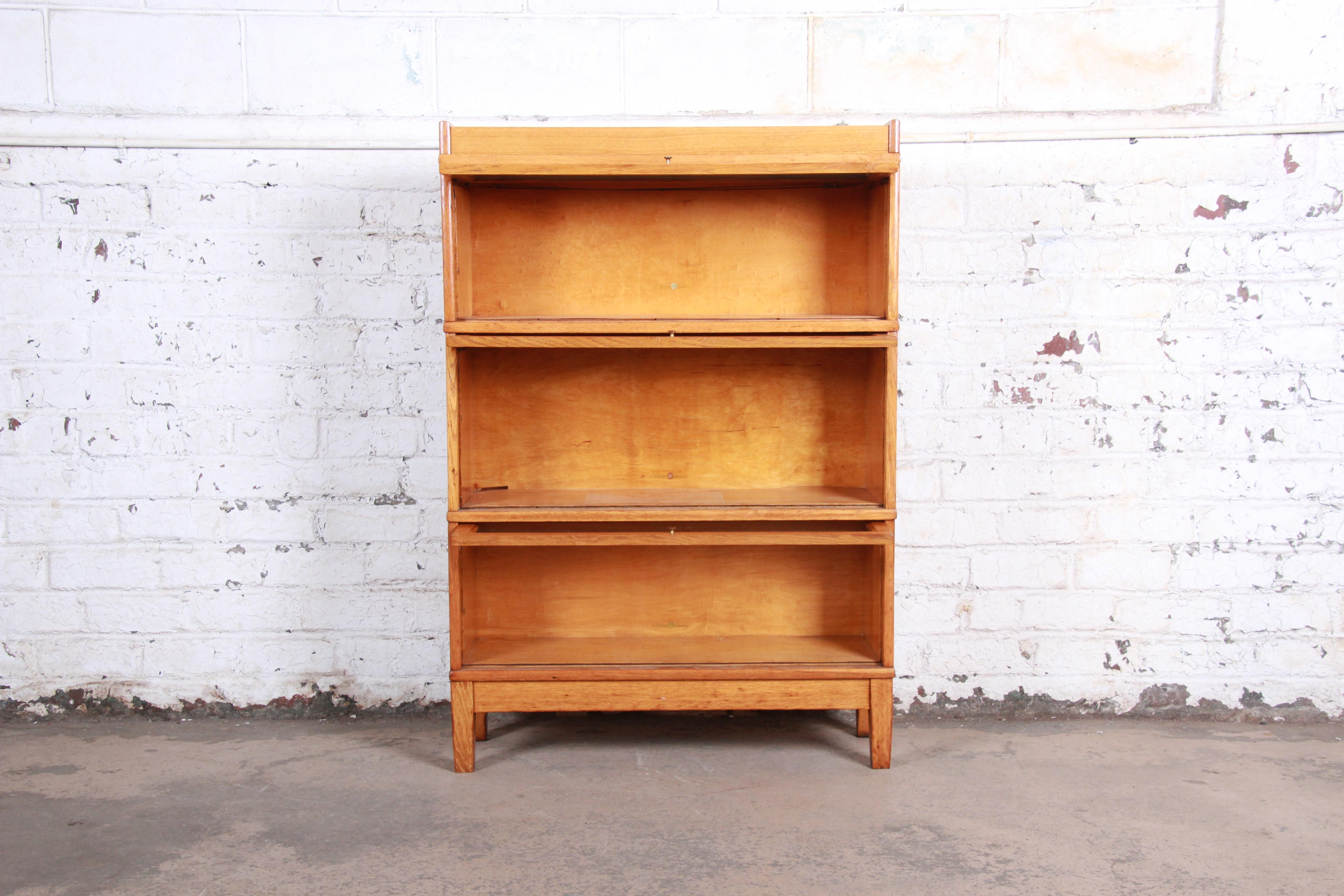Antique Tiger Oak Three-Stack Barrister Bookcase by Library Bureau In Good Condition In South Bend, IN
