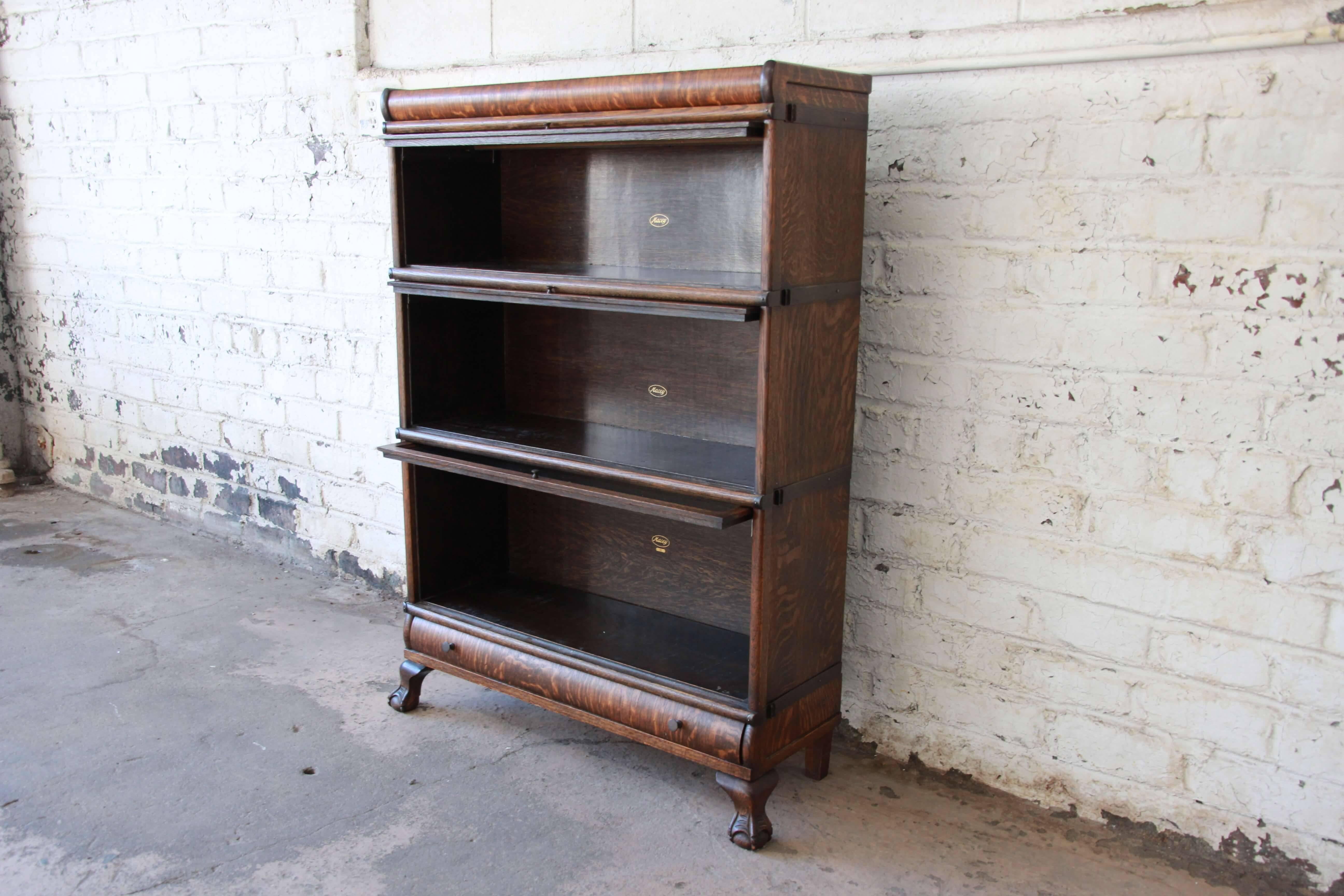 Chippendale Antique Tiger Oak Three-Stack Barrister Bookcase by Macey
