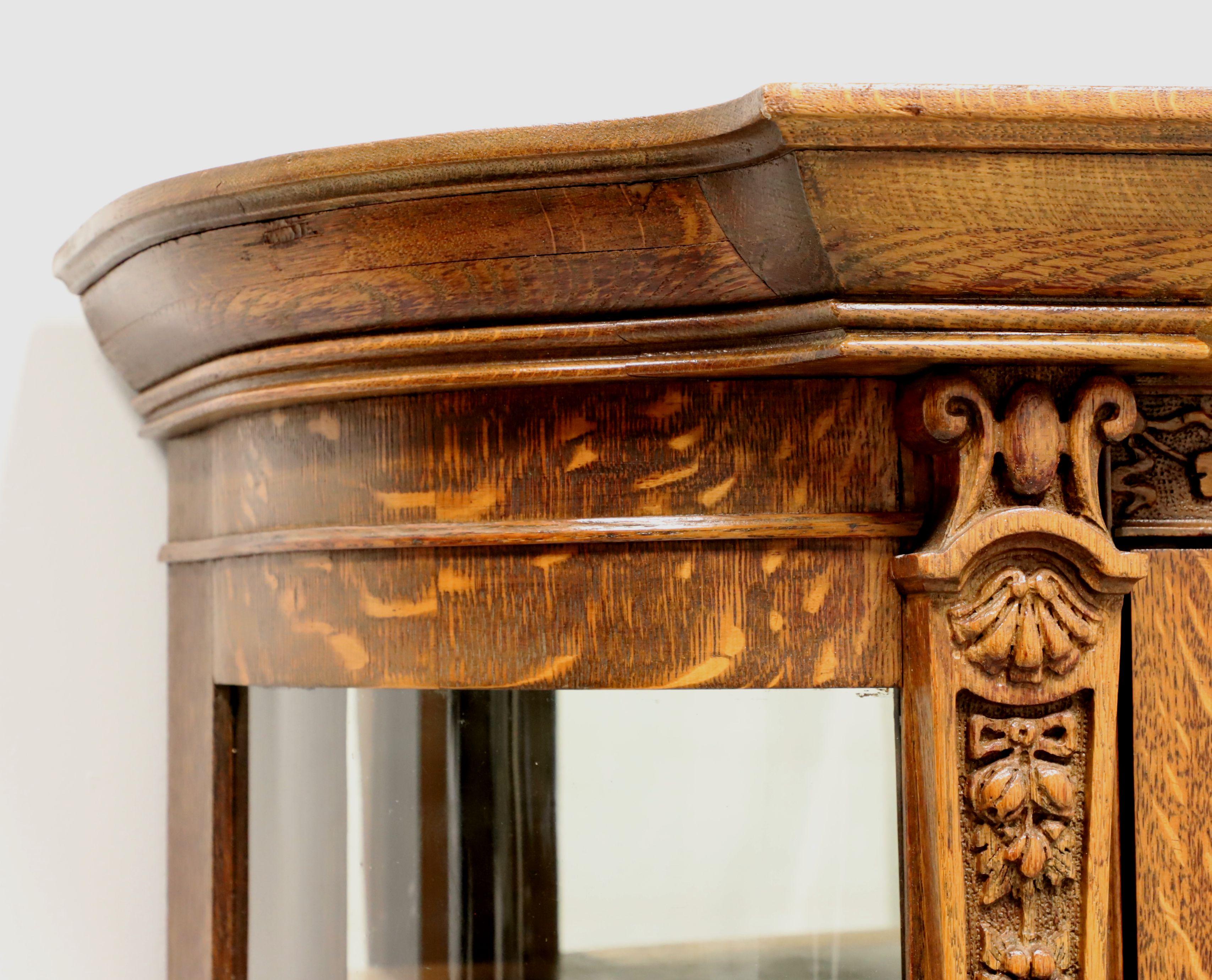 American Antique Tiger Oak Victorian Era Bowfront China Cabinet