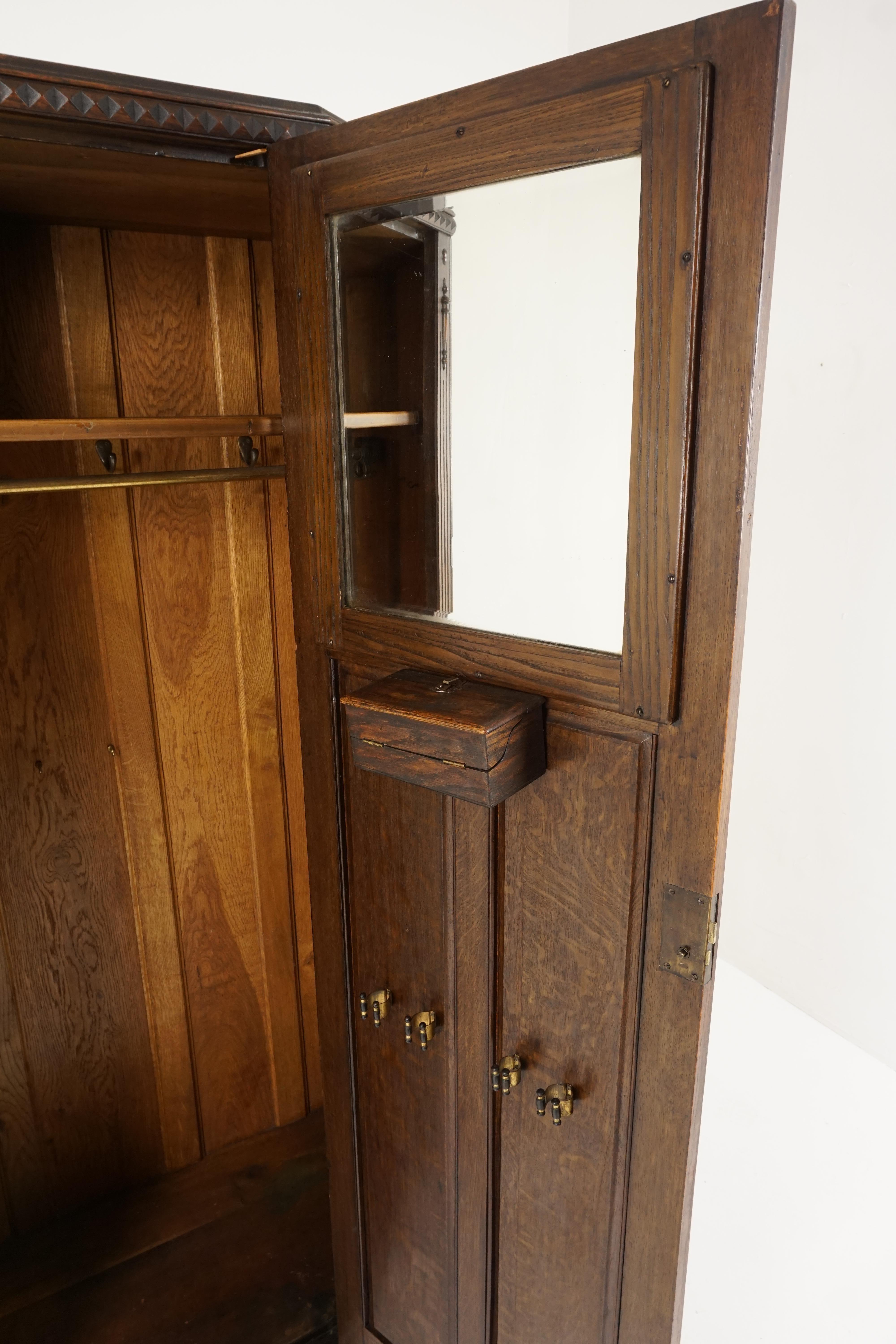 Scottish Antique Tiger Oak Wardrobe, Carved Hall Armoire, Closet, Scotland 1910, B2127