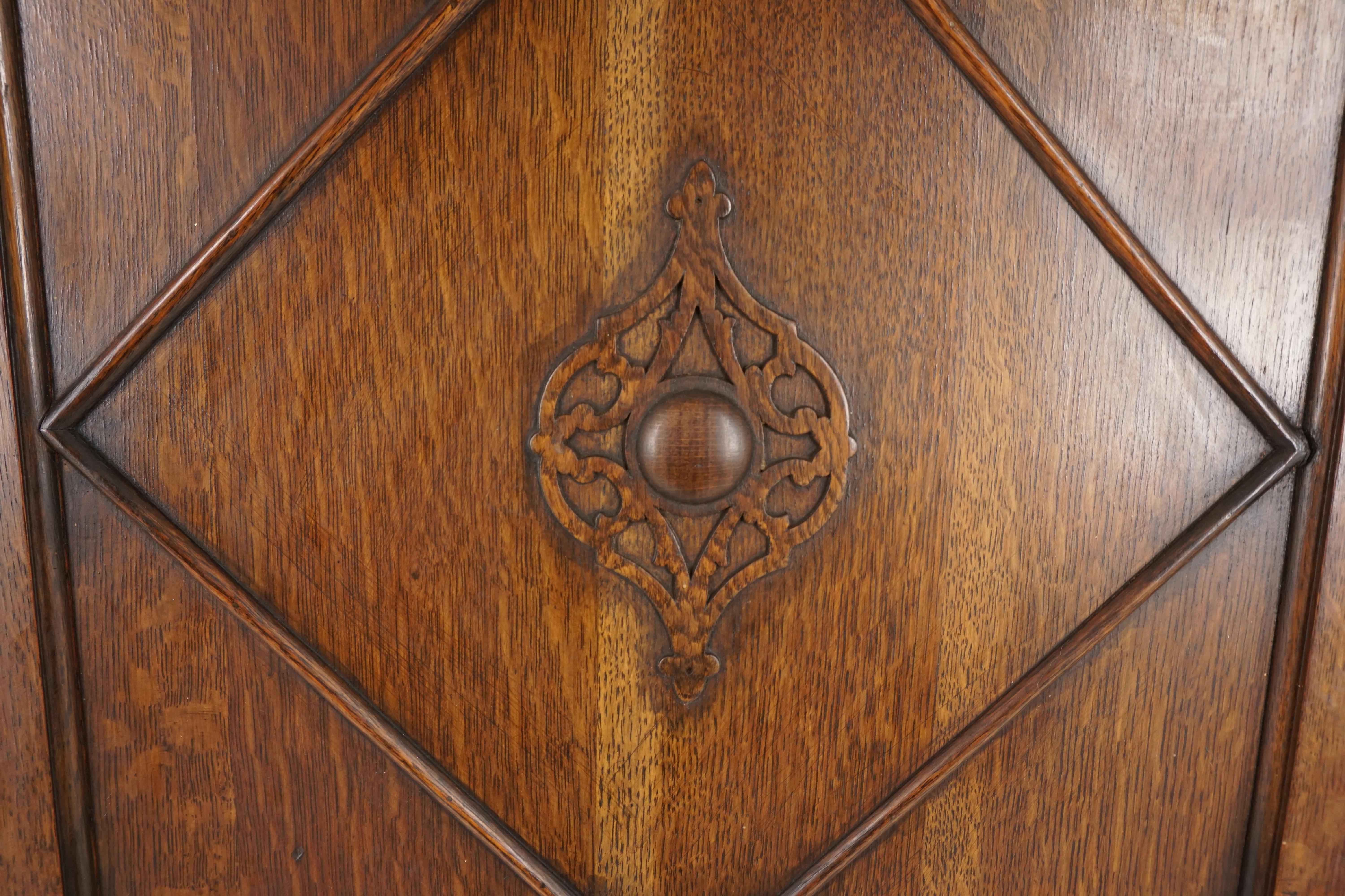Early 20th Century Antique Tiger Oak Wardrobe, Carved Hall Armoire, Closet, Scotland 1910, B2127