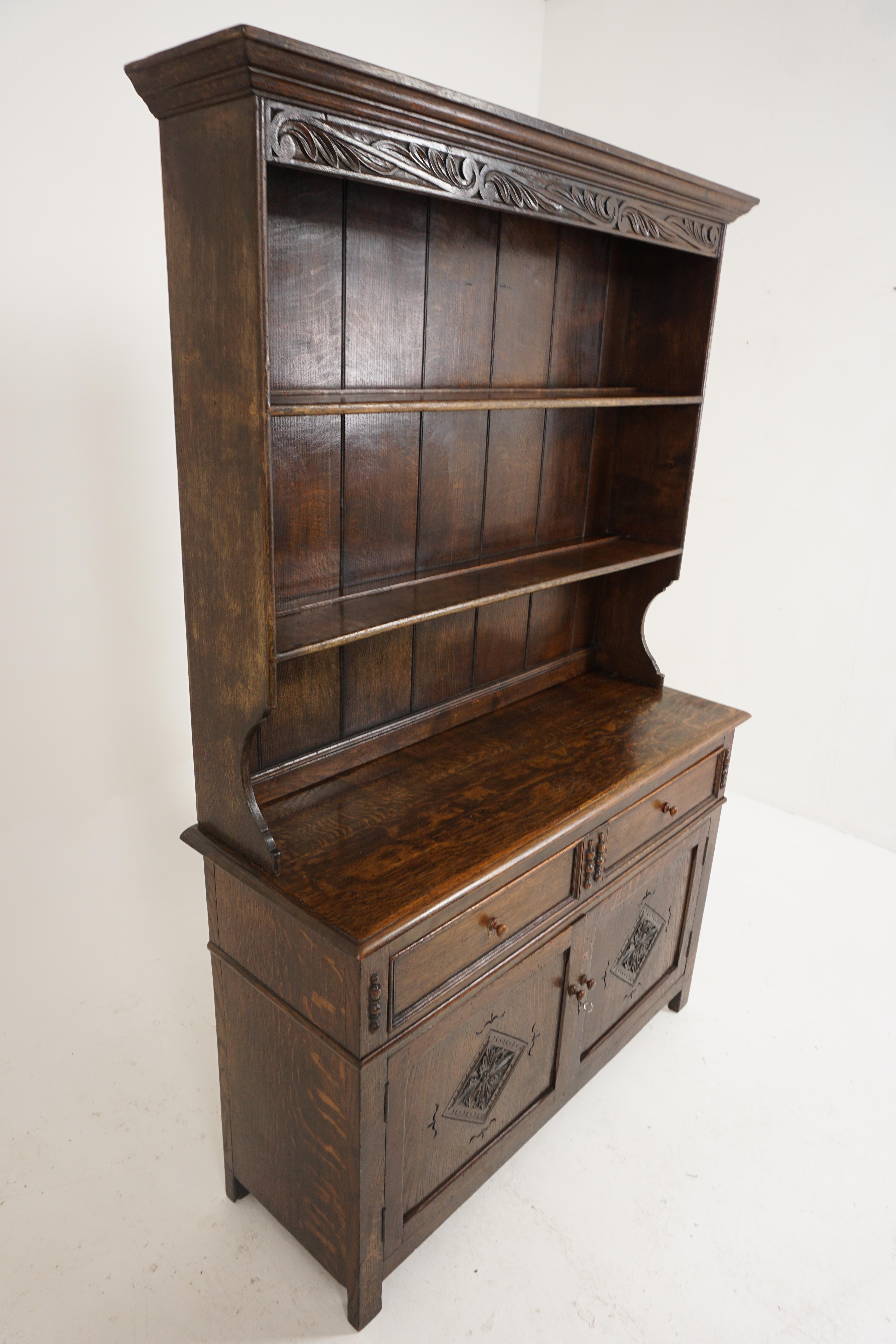 Scottish Antique Tiger Oak Welsh Dresser, Buffet and Hutch, Scotland 1920, B2576