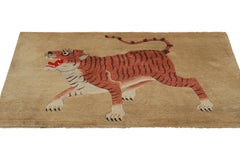 Antique Tiger Runner Rug in Beige-Brown with Red Pictorial, from Rug & Kilim