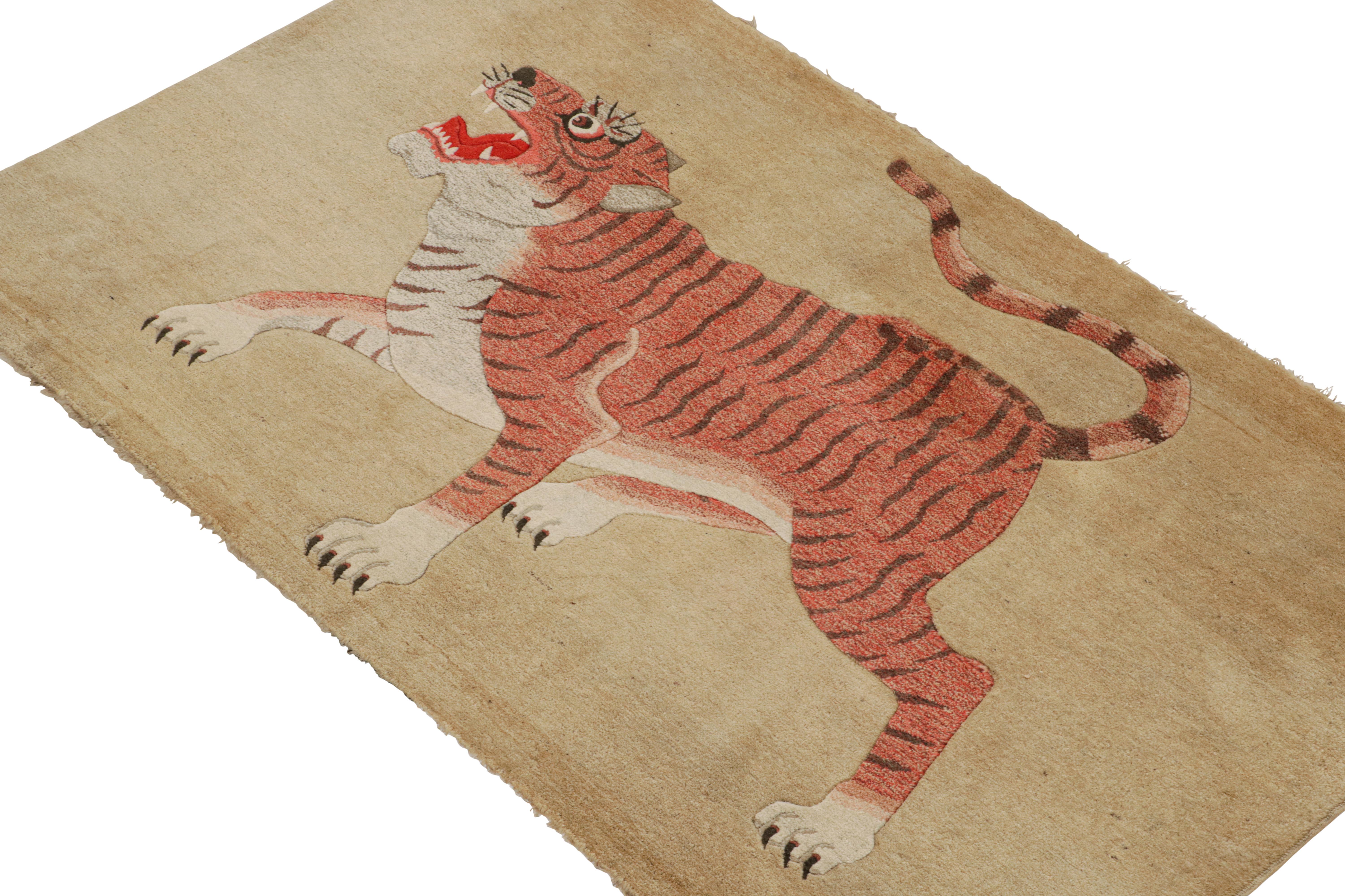 German Antique Tiger Runner Rug in Beige-Brown with Red Pictorial, from Rug & Kilim For Sale