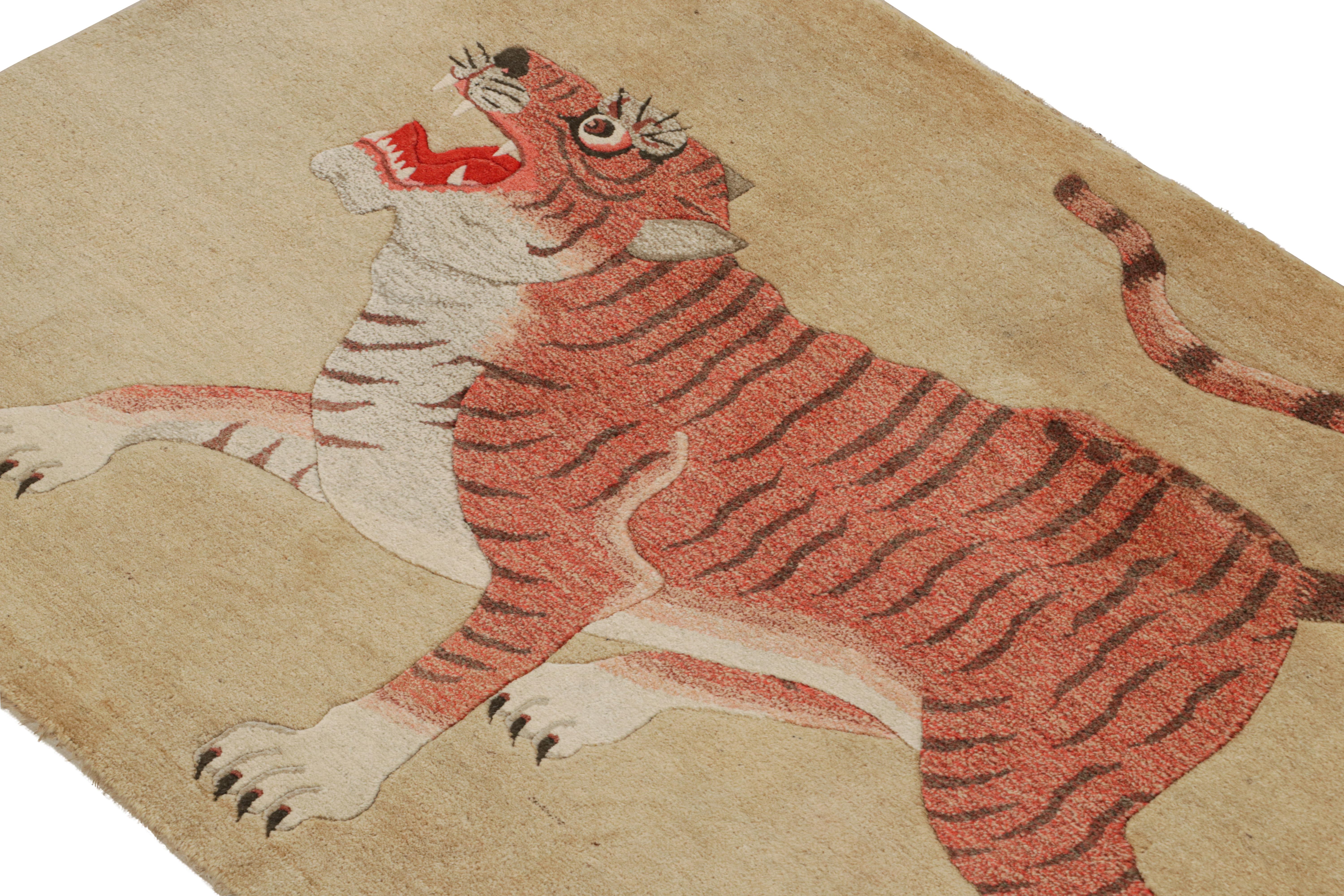 Hand-Knotted Antique Tiger Runner Rug in Beige-Brown with Red Pictorial, from Rug & Kilim For Sale