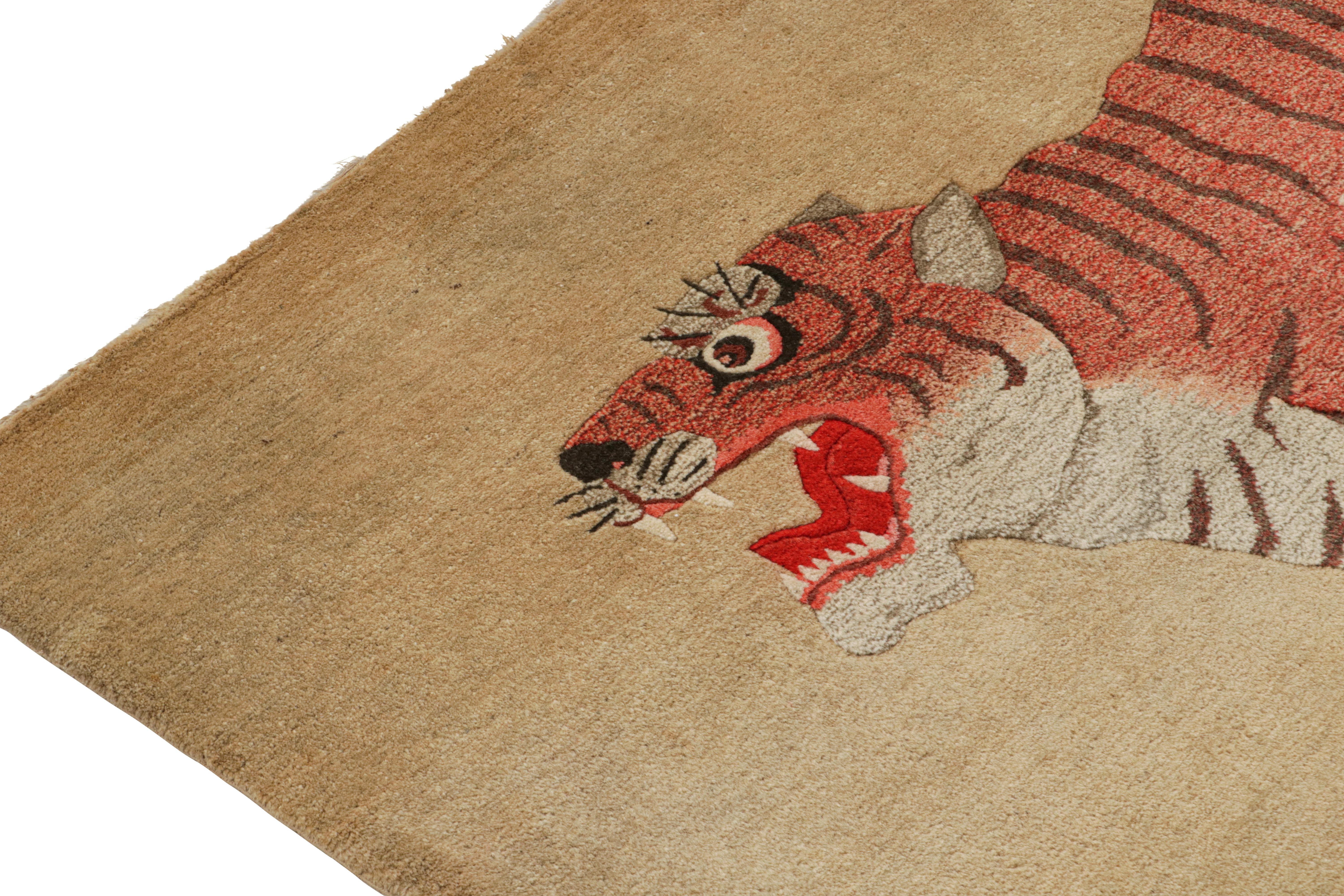 Antique Tiger Runner Rug in Beige-Brown with Red Pictorial, from Rug & Kilim In Good Condition For Sale In Long Island City, NY