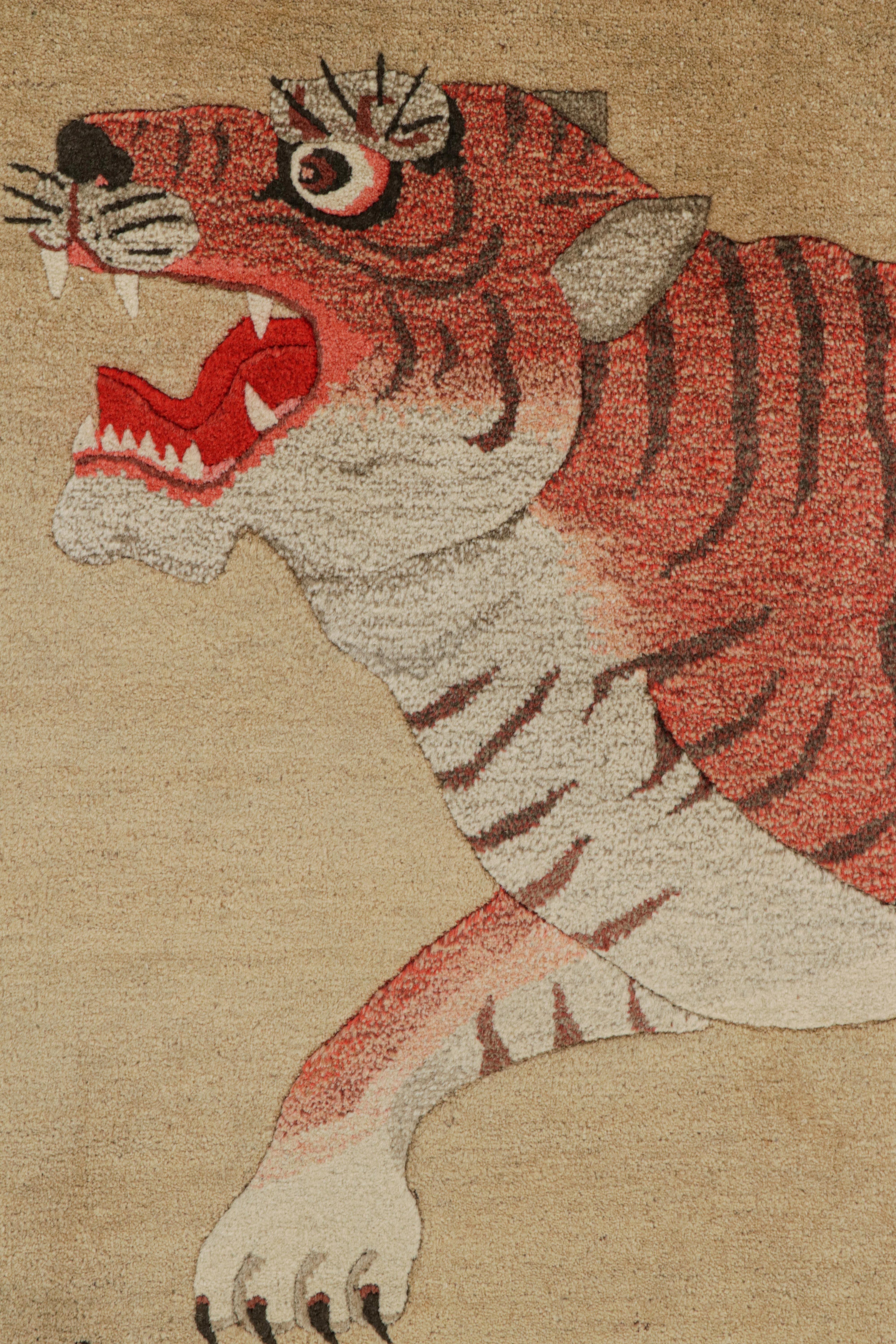 Early 20th Century Antique Tiger Runner Rug in Beige-Brown with Red Pictorial, from Rug & Kilim For Sale