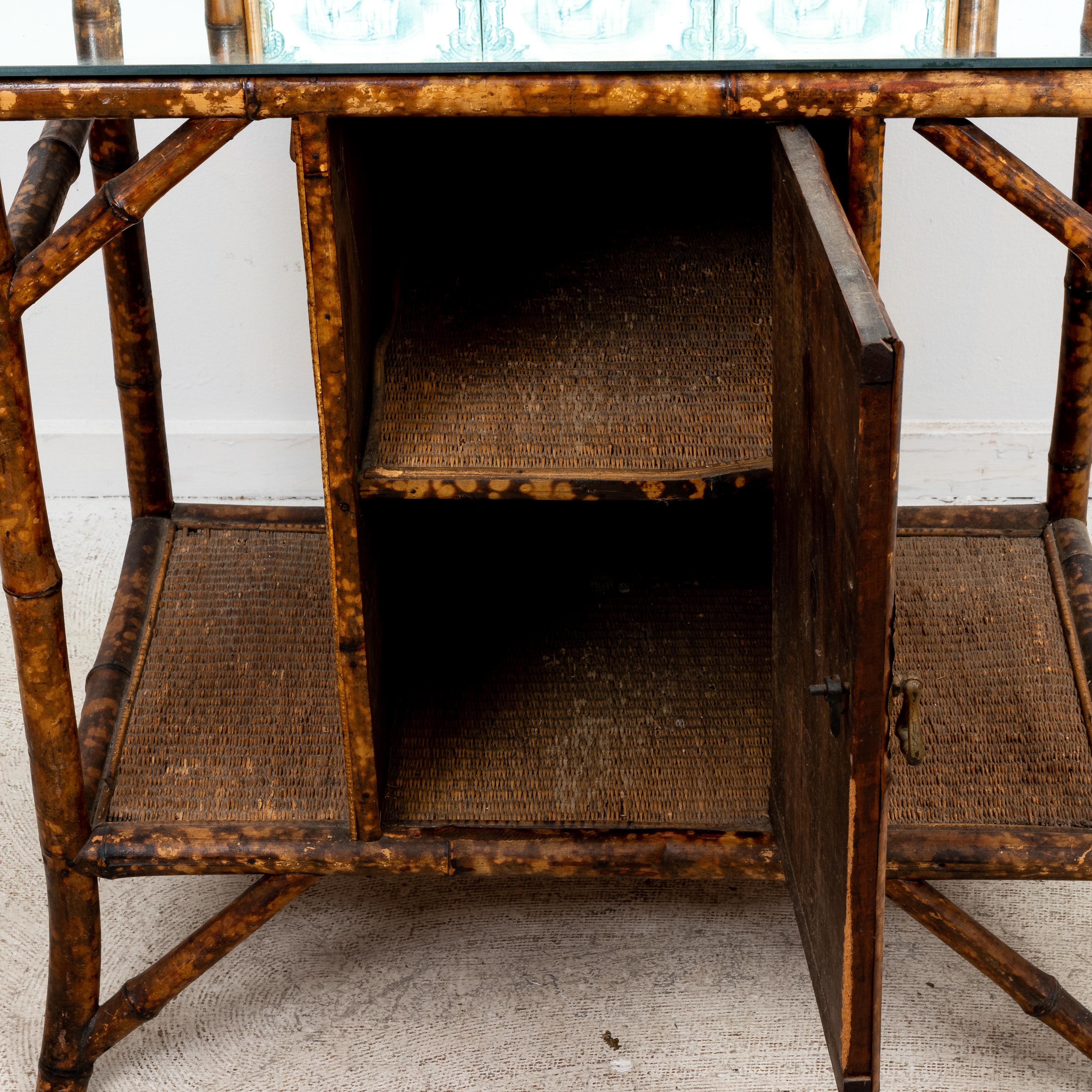 19th Century Antique Tile Backed Bamboo Hall Stand Table