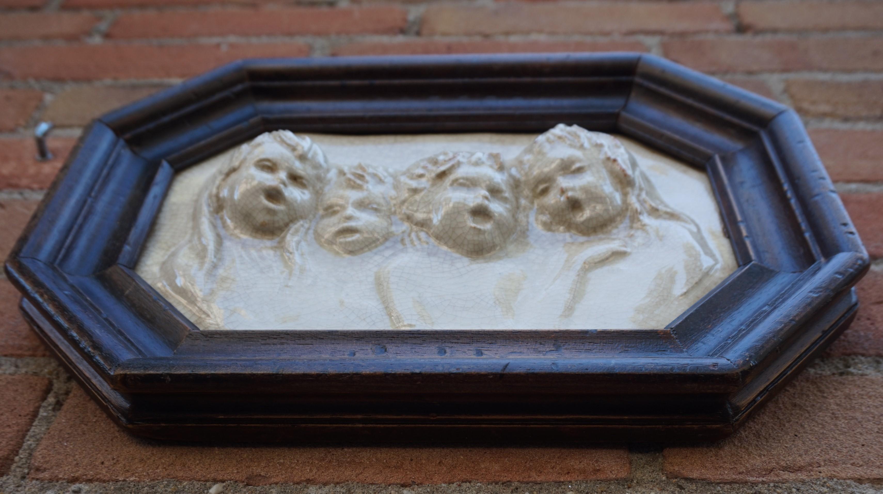 Antique Tile in Frame with Devout Singing Angelic Children Sculptures in Relief For Sale 3