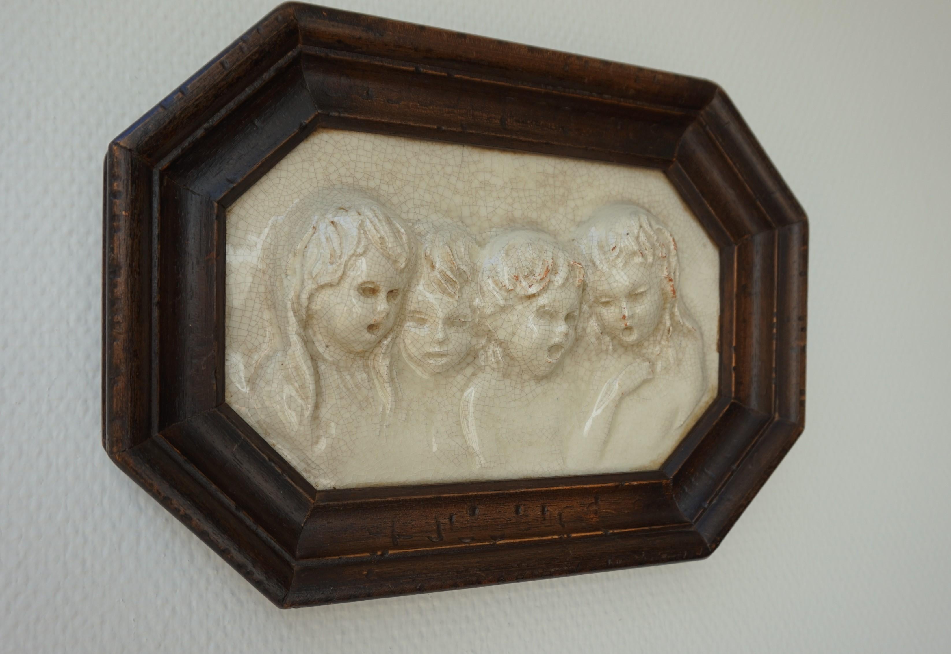Arts and Crafts Antique Tile in Frame with Devout Singing Angelic Children Sculptures in Relief For Sale