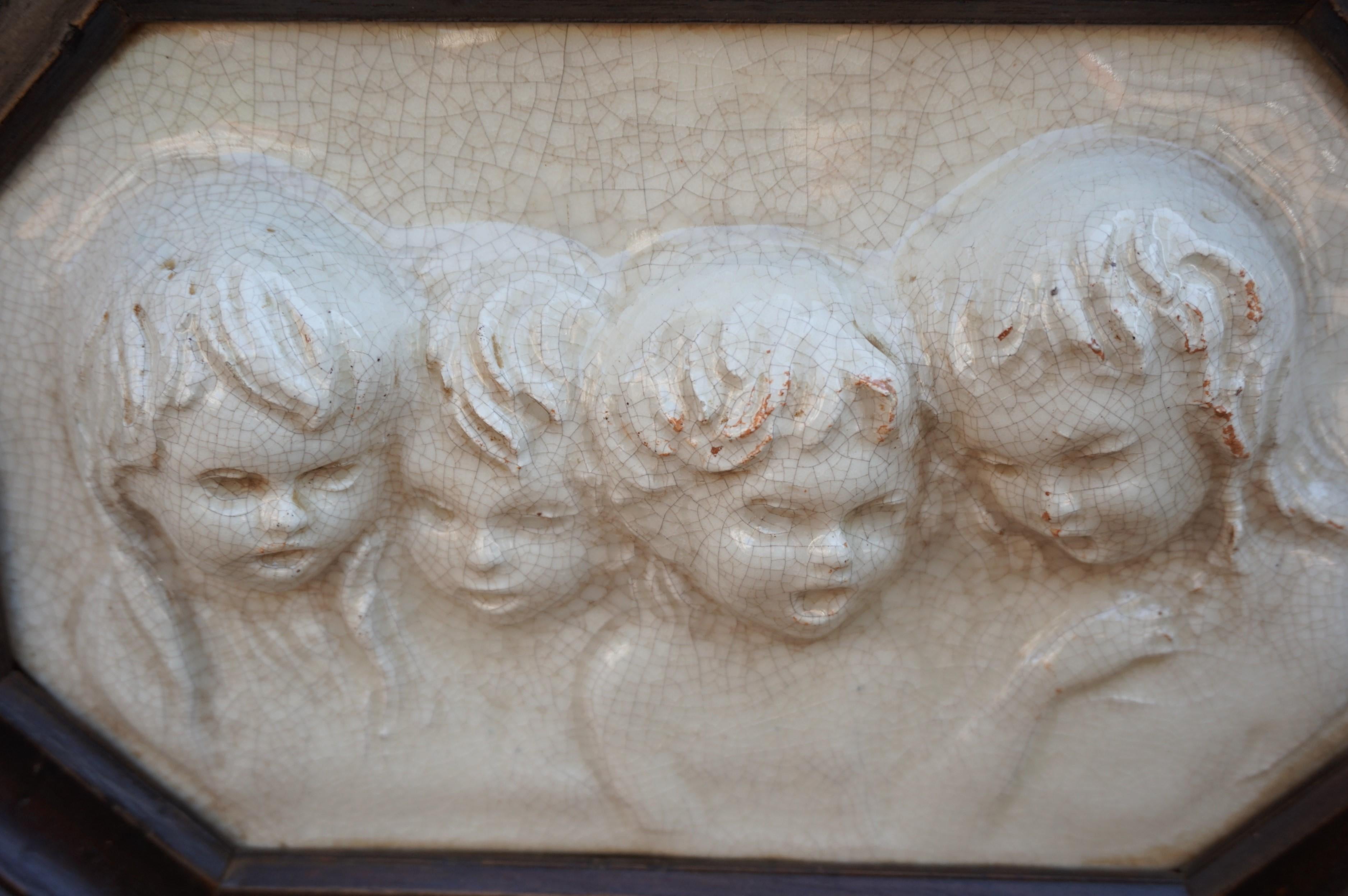 20th Century Antique Tile in Frame with Devout Singing Angelic Children Sculptures in Relief For Sale