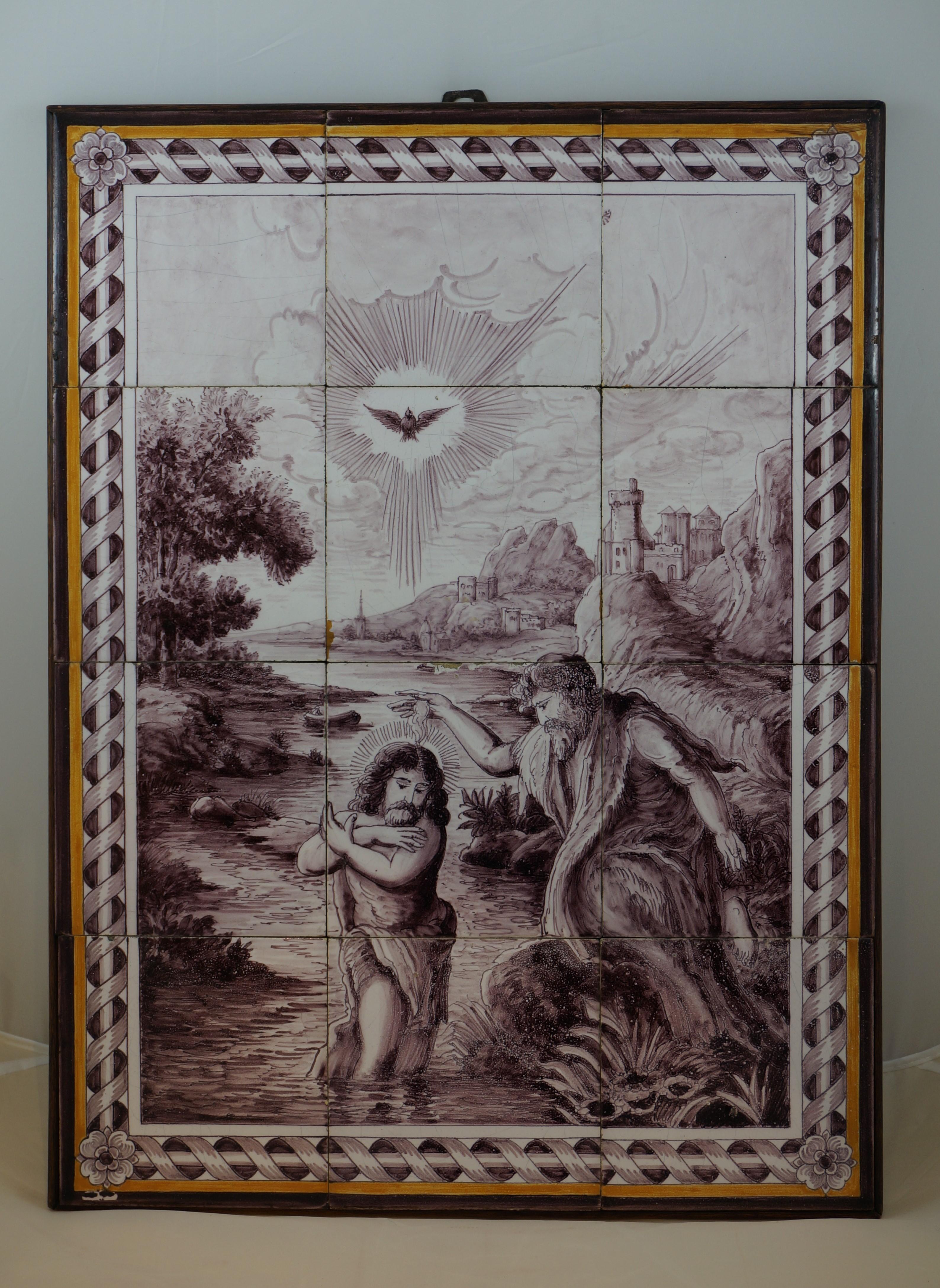 Antique tile tableau, Baptism of Jesus in the river Jordan, Dutch ca. 1800 For Sale 9