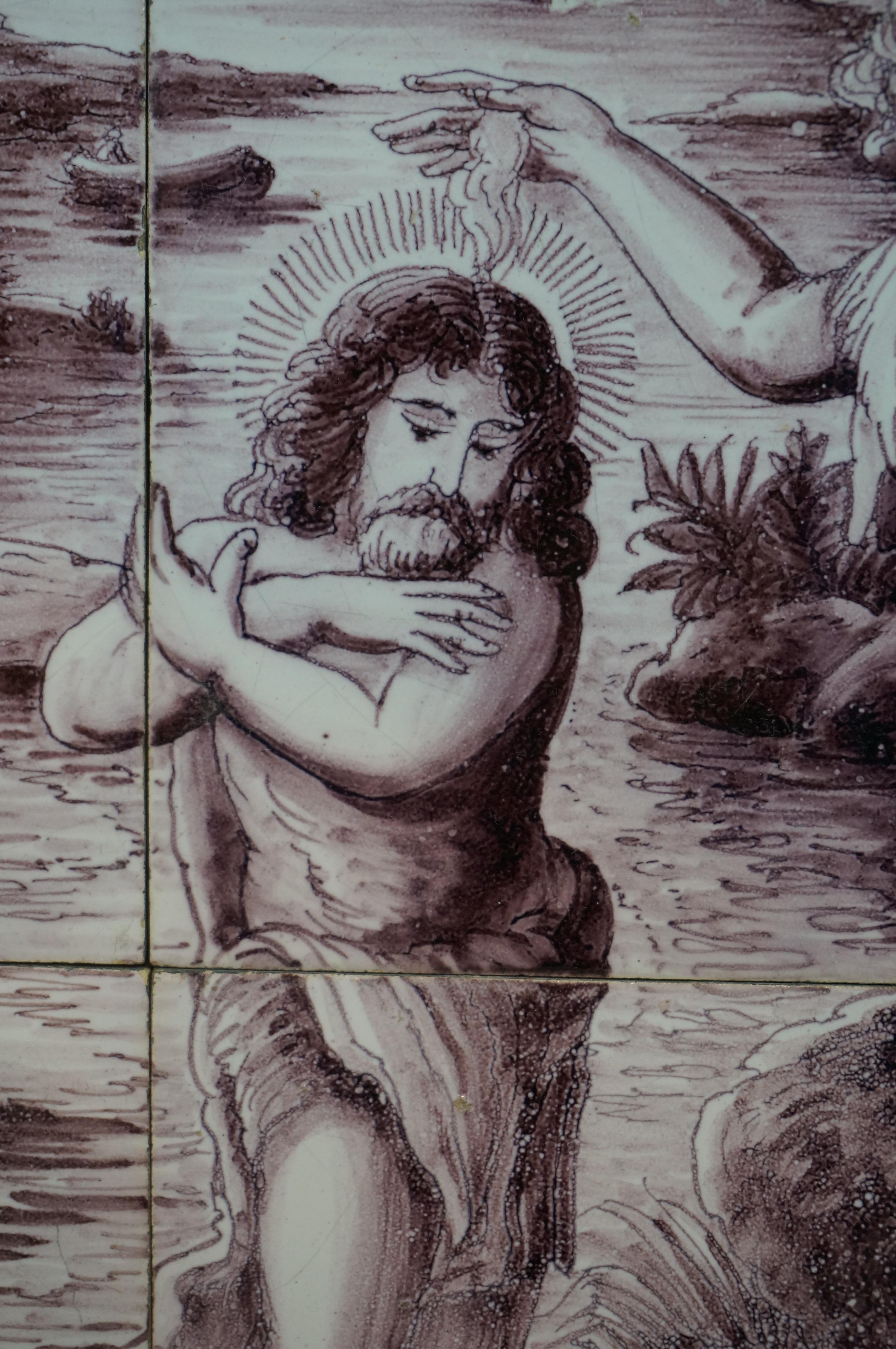 Ceramic Antique tile tableau, Baptism of Jesus in the river Jordan, Dutch ca. 1800 For Sale