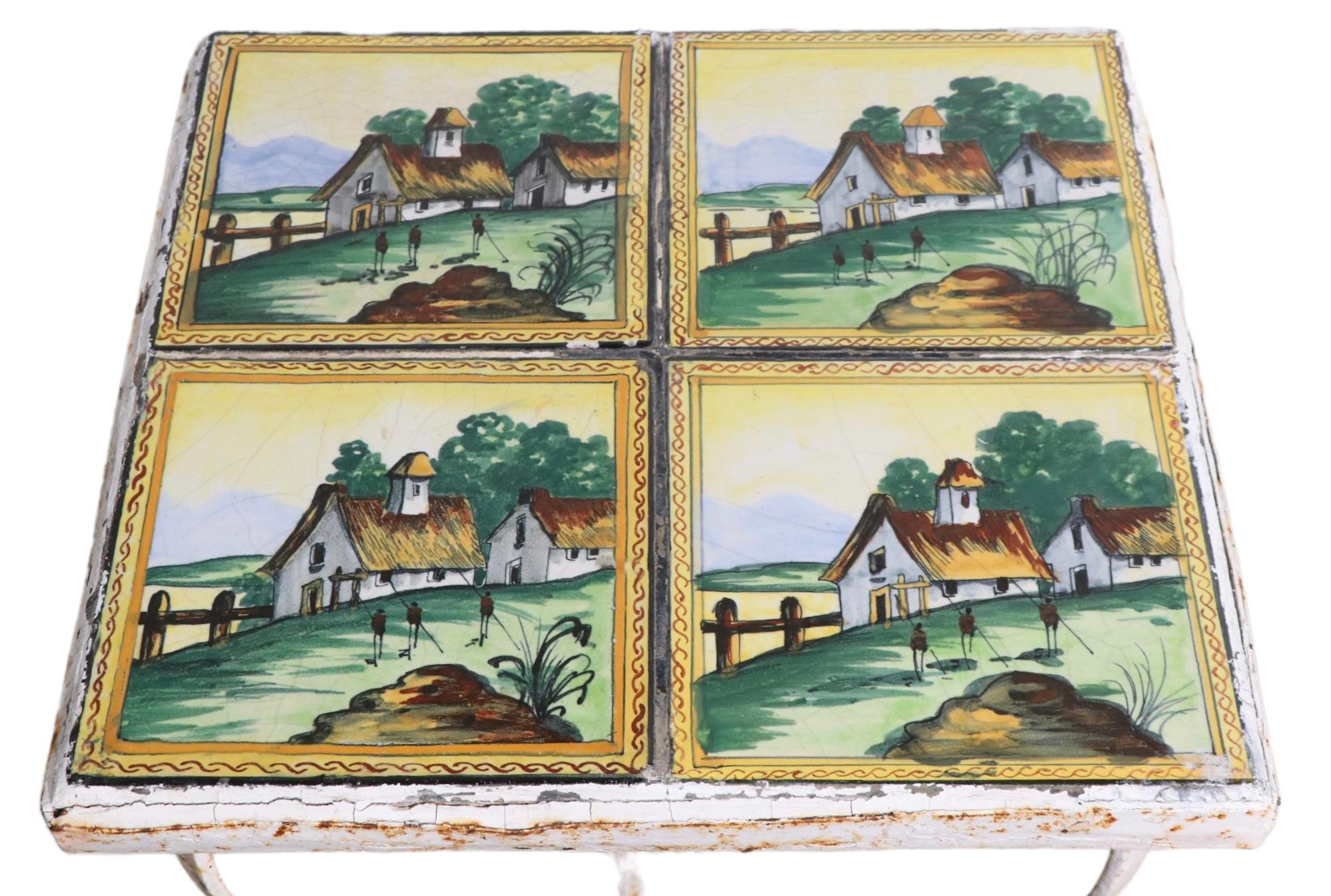 Table de jardin, de patio et de véranda en fer forgé avec plateau en carreaux de faïence antique en vente 3