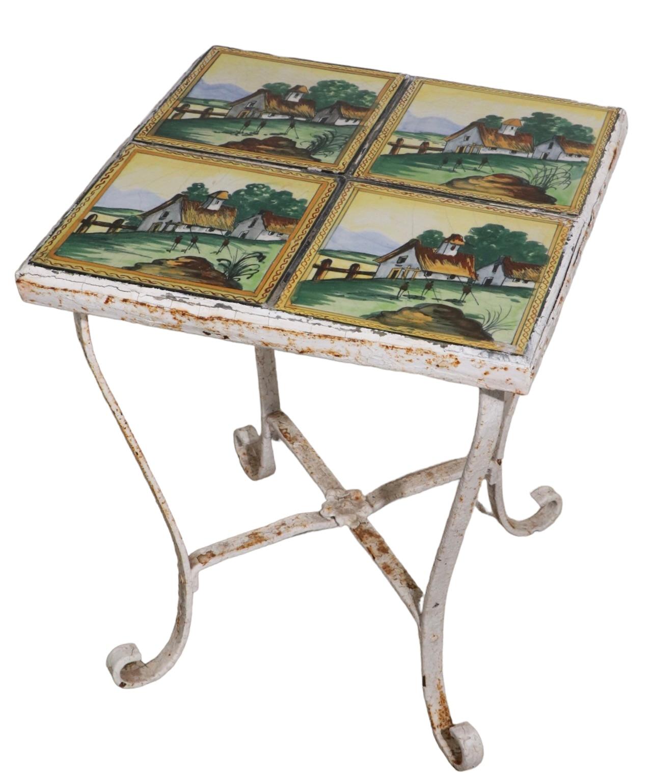 Antique Tile Top Wrought Iron Base Garden Patio Sunroom Table For Sale 3