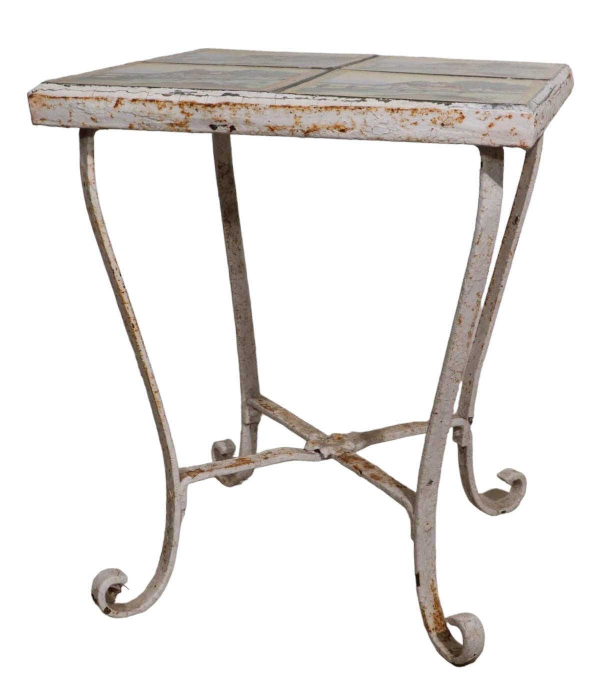 American Antique Tile Top Wrought Iron Base Garden Patio Sunroom Table For Sale