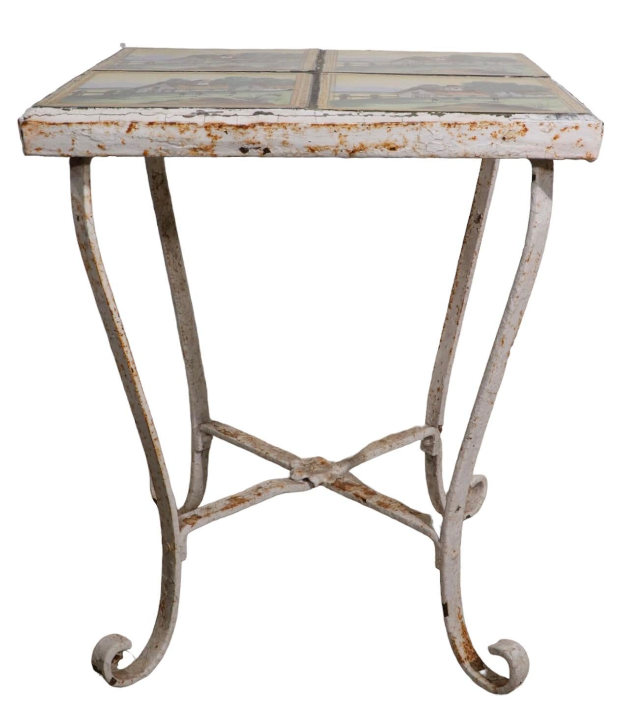 Antique Tile Top Wrought Iron Base Garden Patio Sunroom Table In Good Condition For Sale In New York, NY
