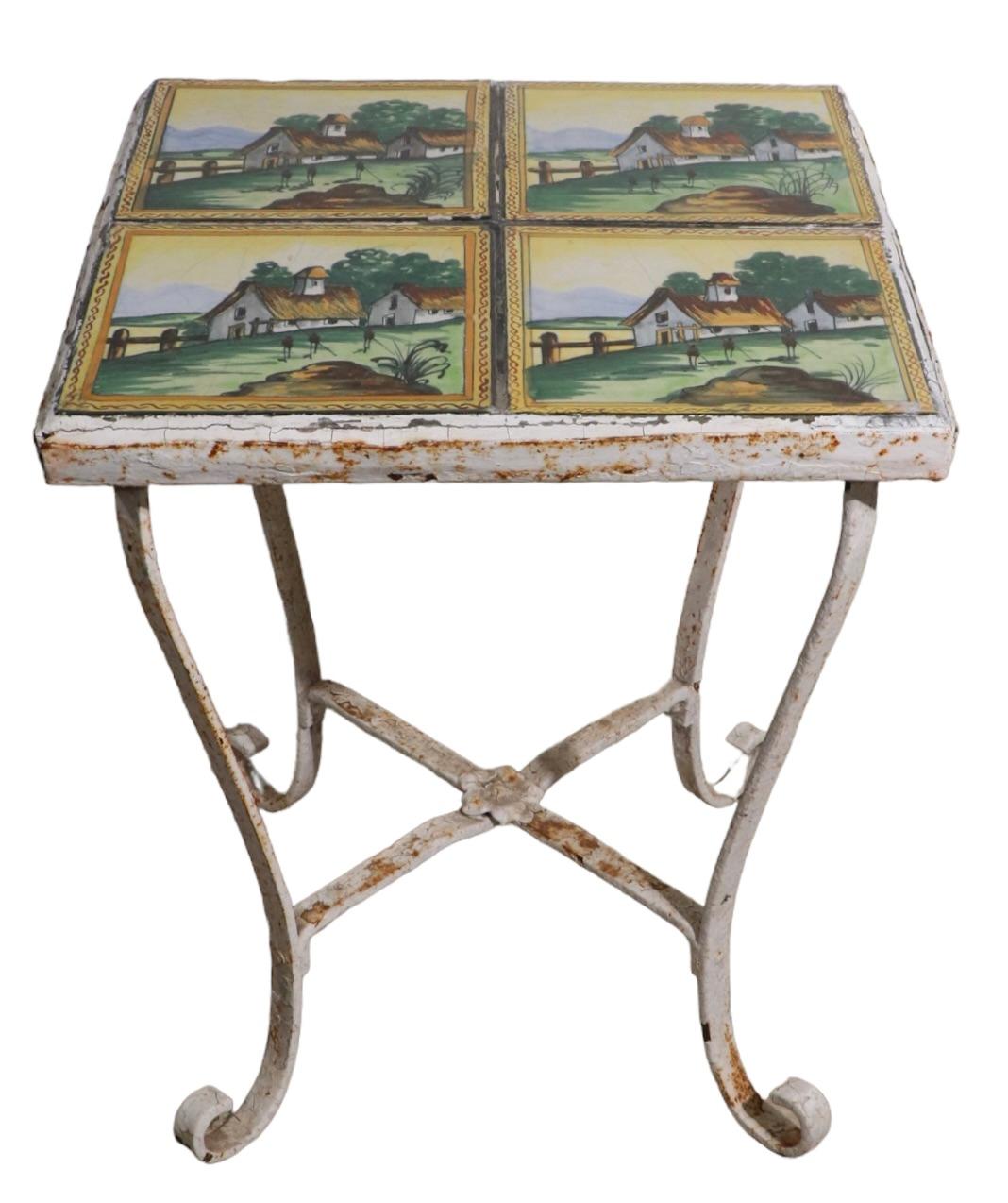 American Antique Tile Top Wrought Iron Base Garden Patio Sunroom Table For Sale