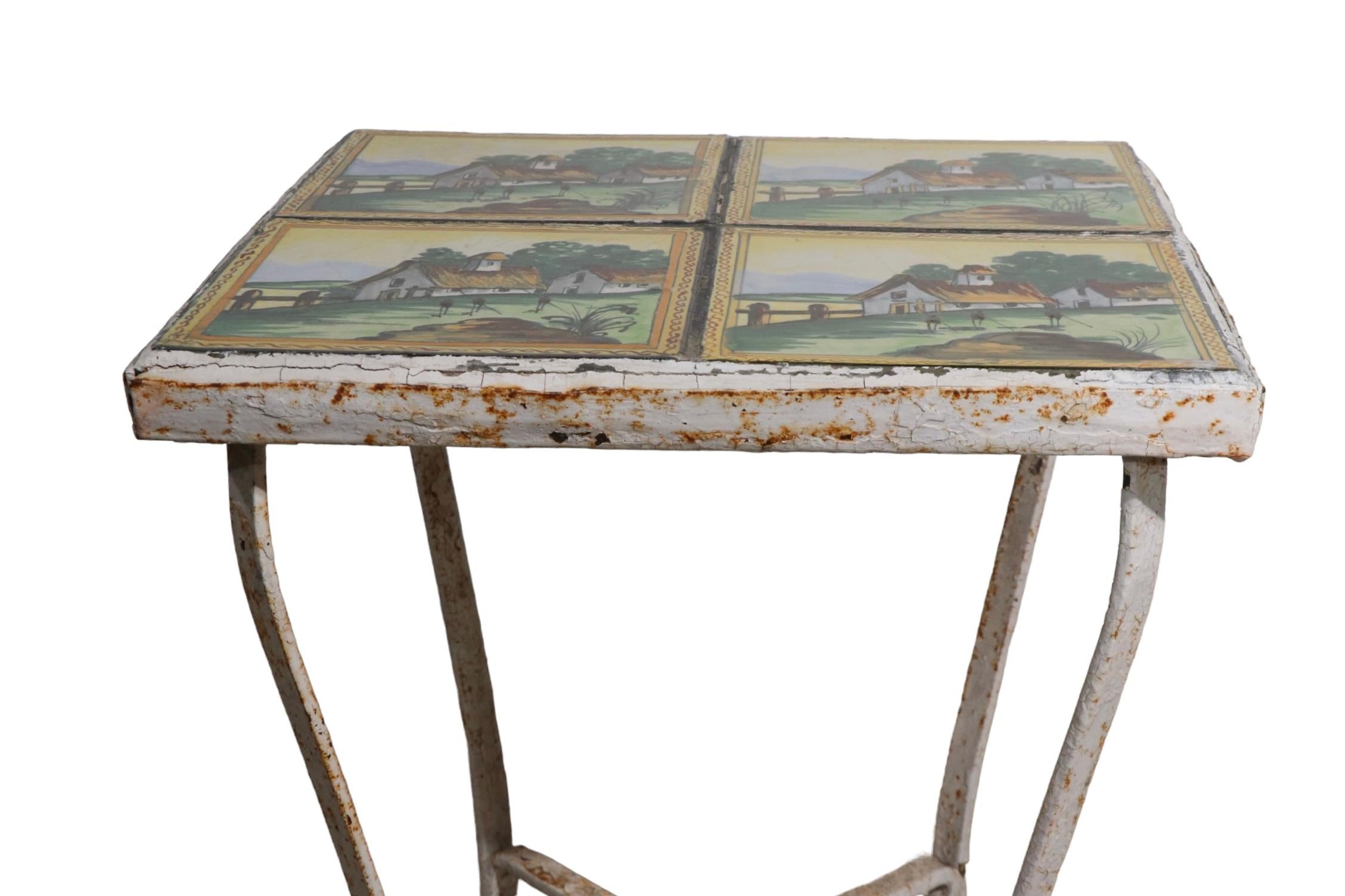 Ceramic Antique Tile Top Wrought Iron Base Garden Patio Sunroom Table For Sale