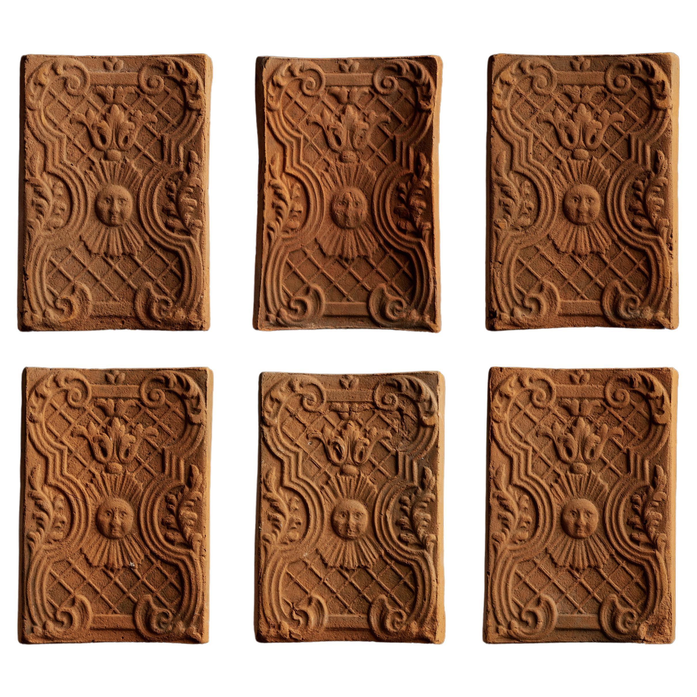 Antique Tiles with Sun and Asbtract Decoration For Sale