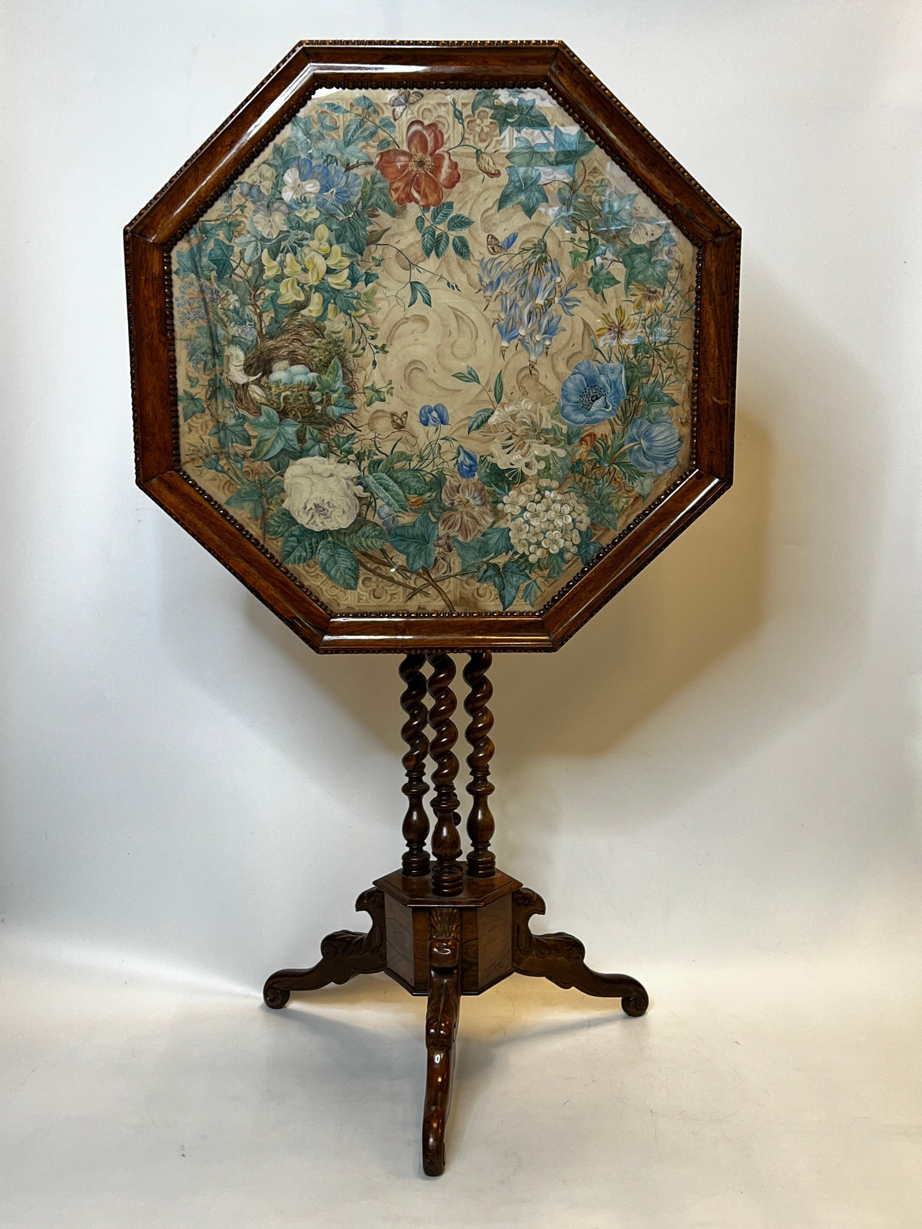 Late Victorian Antique Tilt-Top Tripod Table with Hand-Painted Floral Top