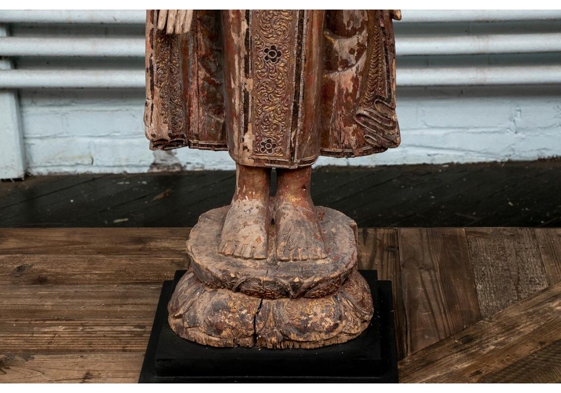 Antique Time Worn Serene Temple Sculpture of the Standing Buddha In Distressed Condition In Bridgeport, CT