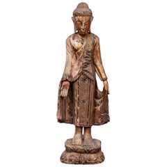 Antique Time Worn Serene Temple Sculpture of the Standing Buddha