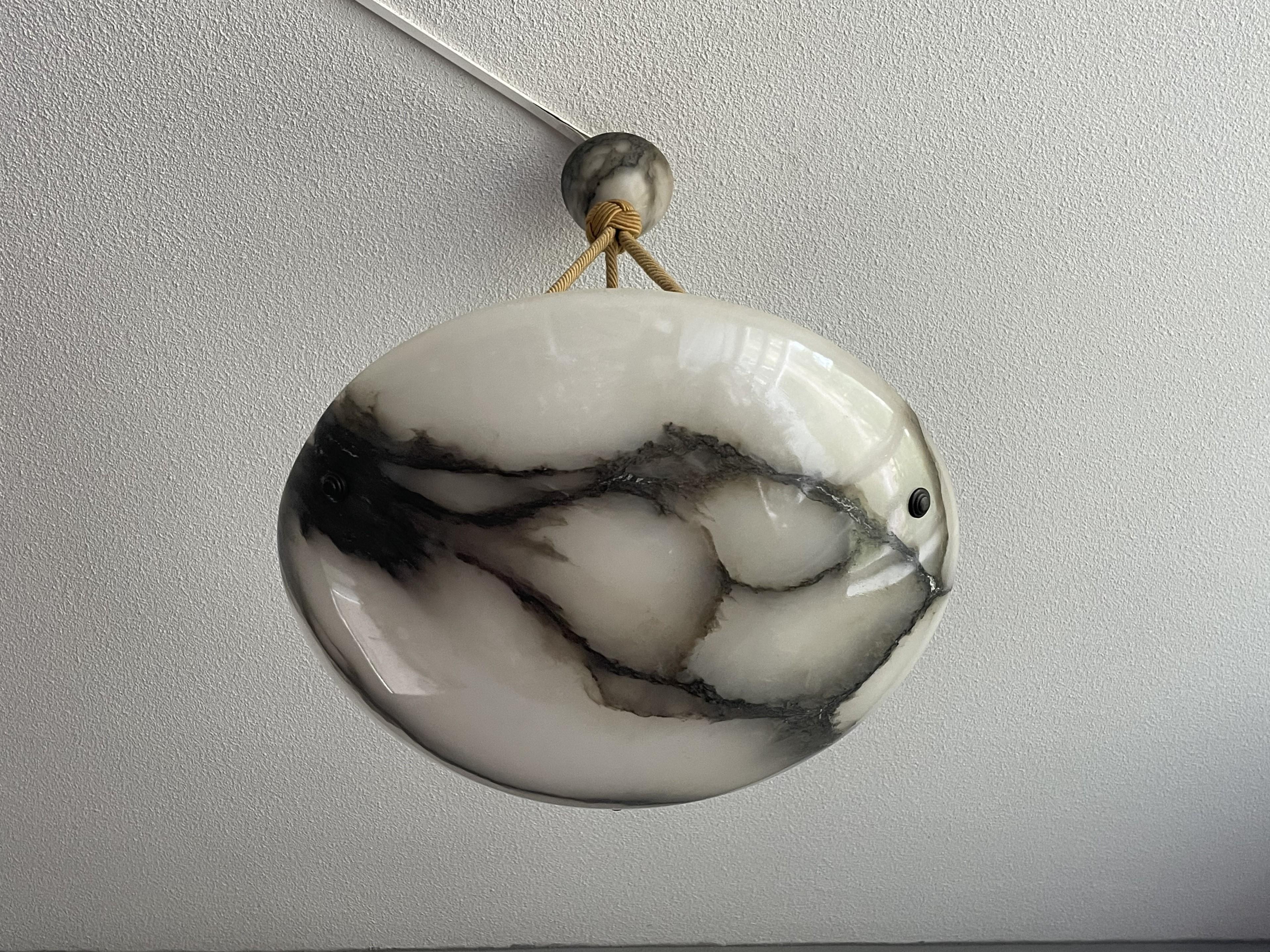Hand-Carved Antique & Timeless Alabaster Pendant w. Rope 'Chain' & Perfect Alabaster Canopy