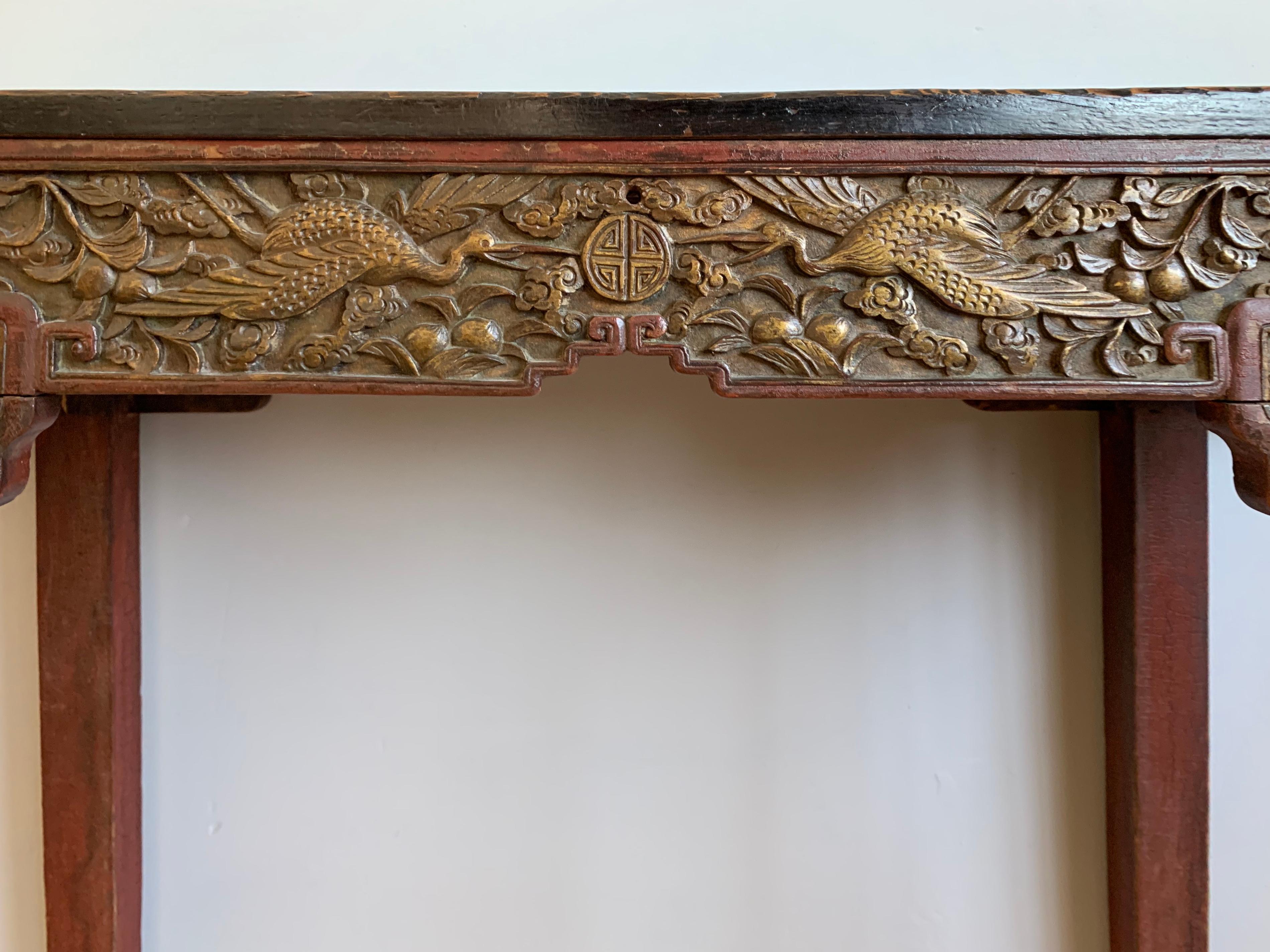 19th Century Antique Timeless Design Chinese Altar Table with Meaningful Crane Bird Carvings 