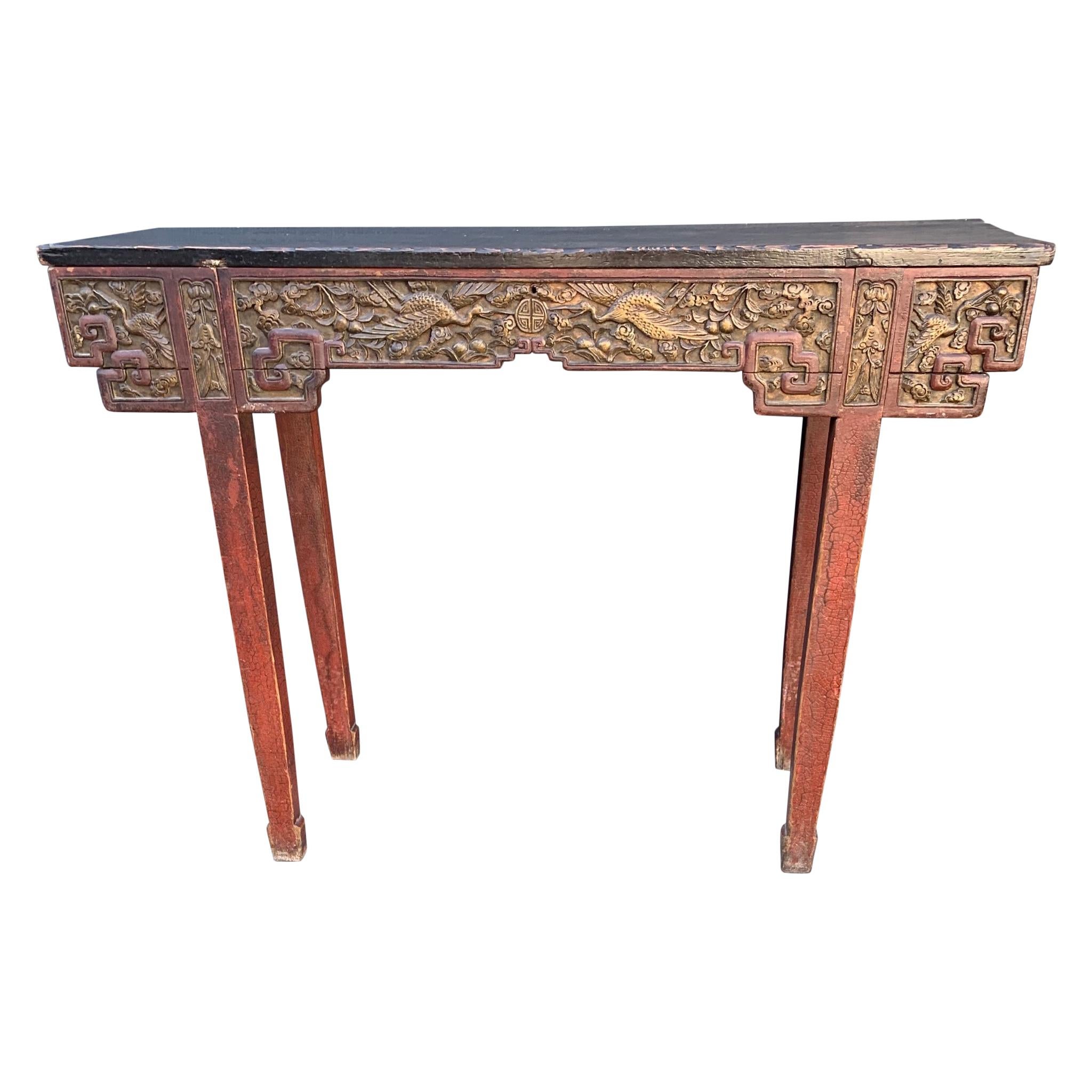 Antique Timeless Design Chinese Altar Table with Meaningful Crane Bird Carvings 