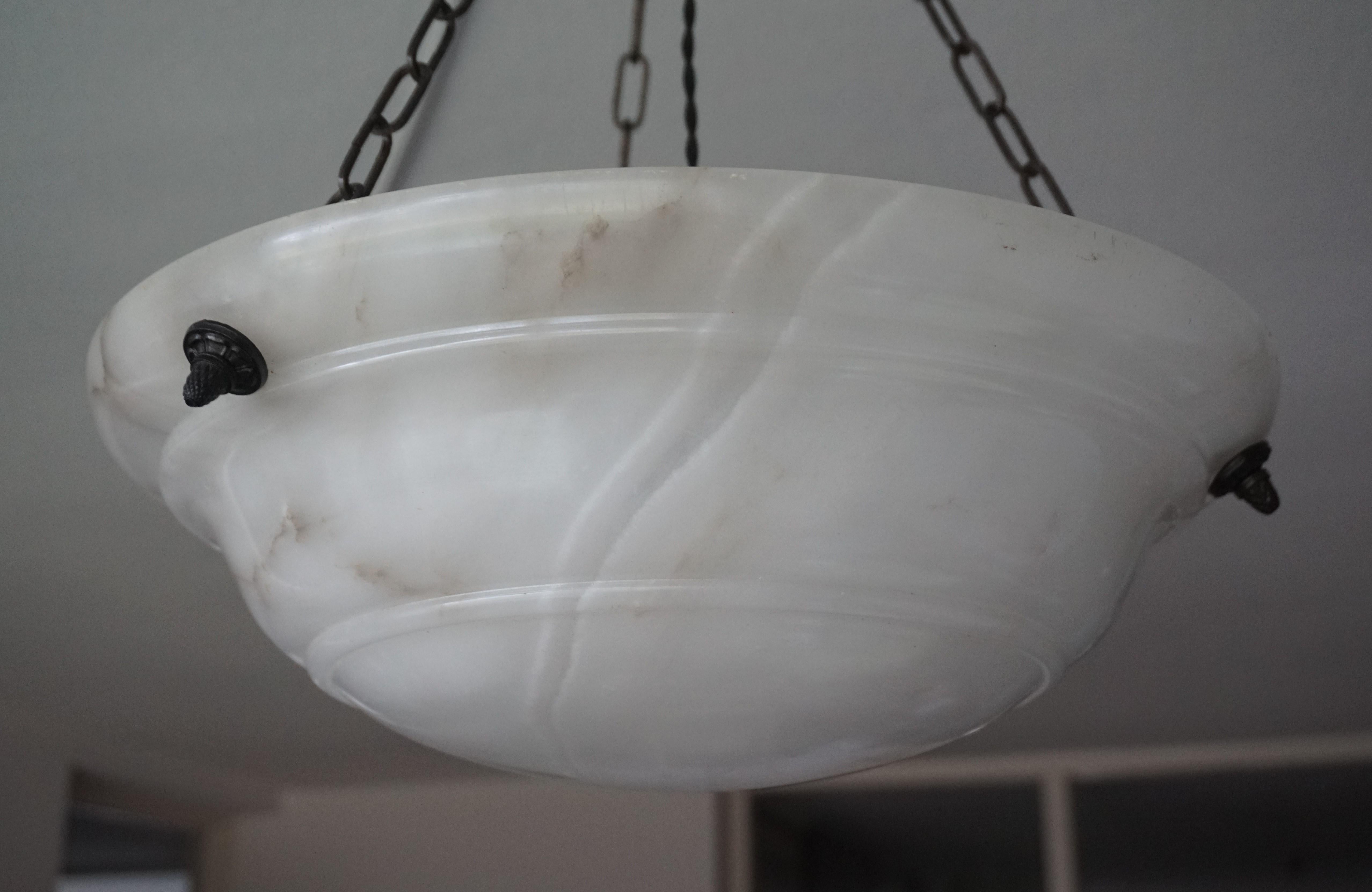 French Antique & Timeless Handcrafted Alabaster and Bronze Pendant Light, France, 1910