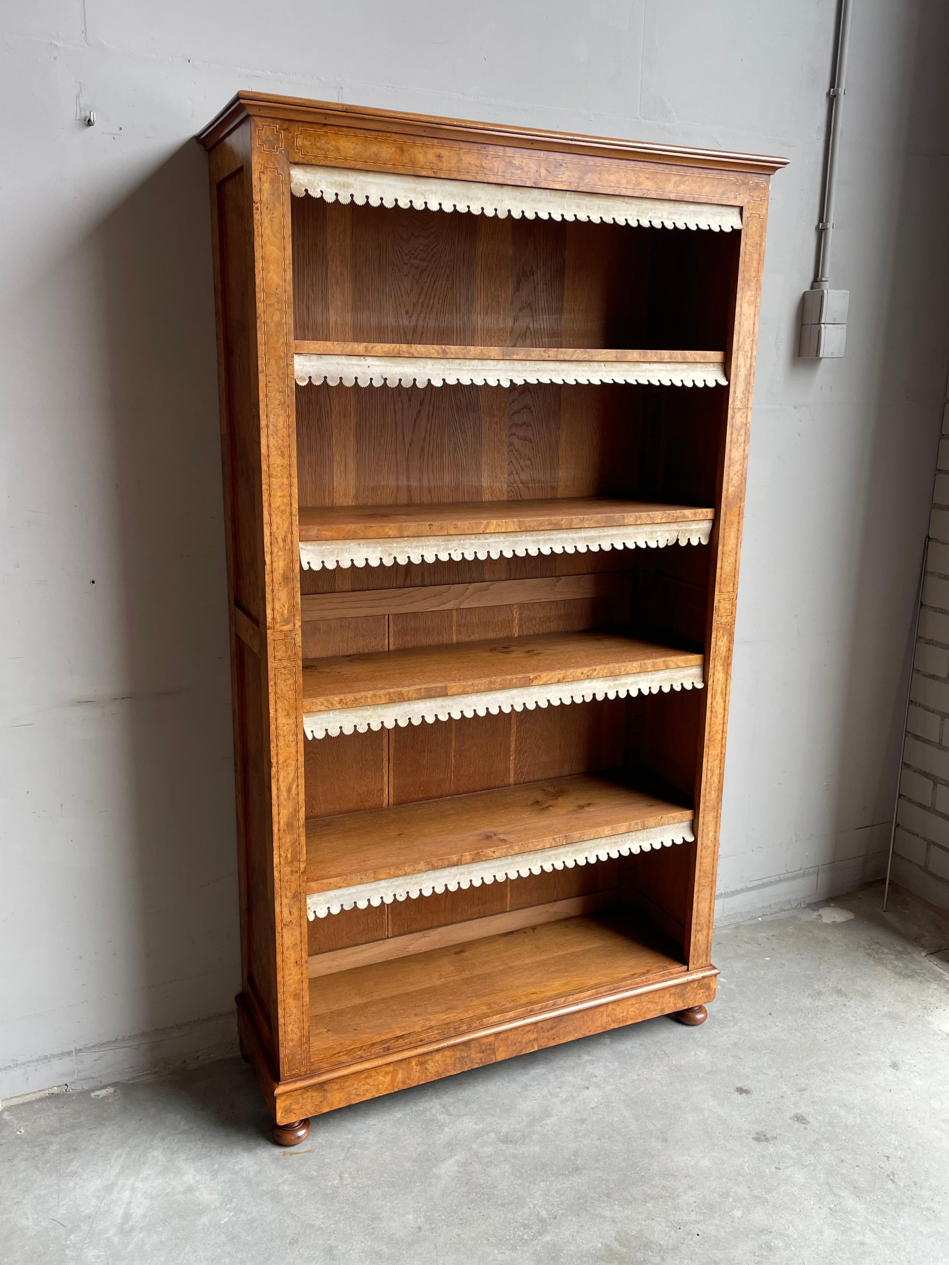 European Antique & Timeless Open Bookcase of Oak & Burl Nutwood w. Inlaid Patterns 1890s For Sale