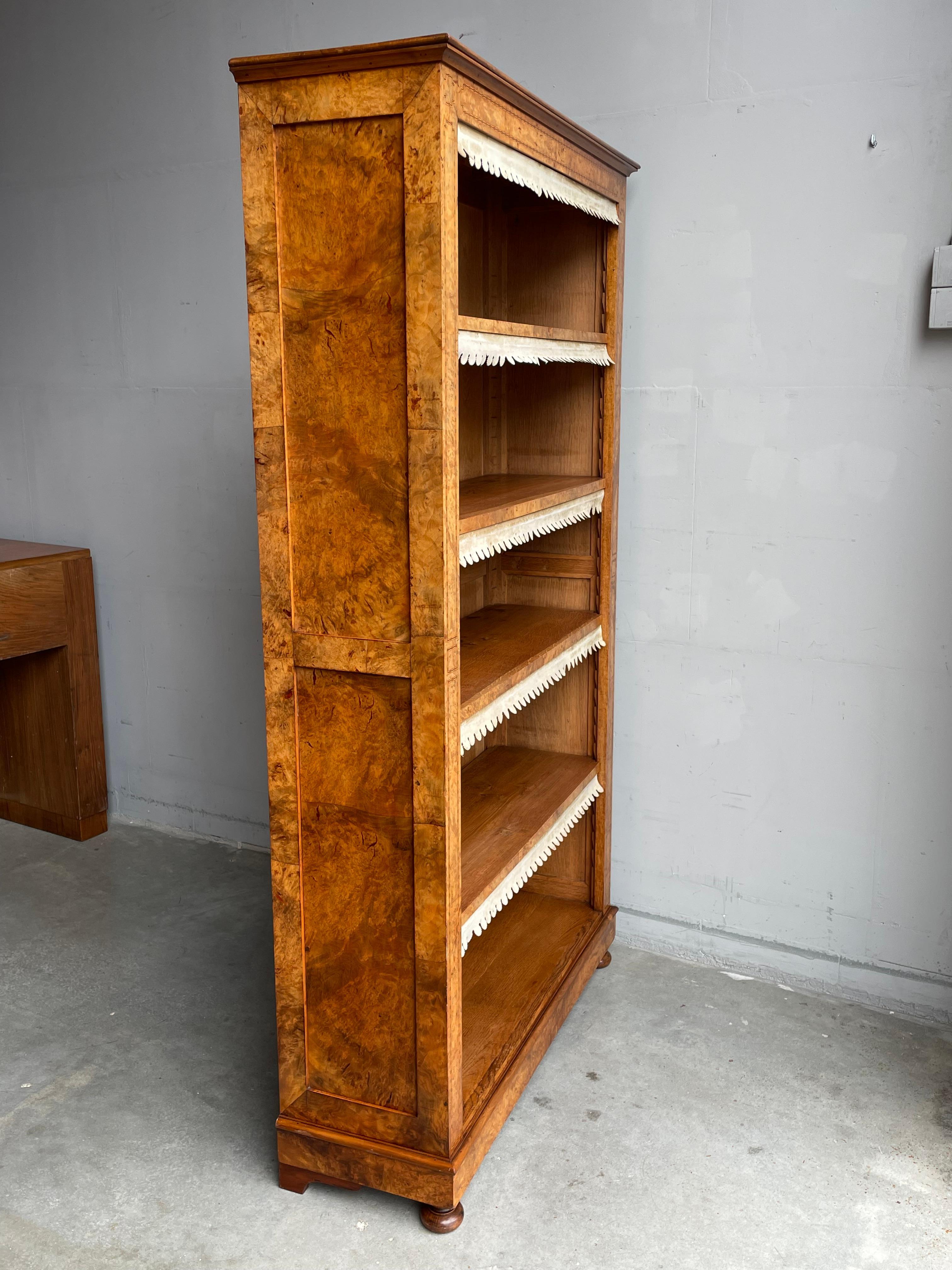 Hand-Crafted Antique & Timeless Open Bookcase of Oak & Burl Nutwood w. Inlaid Patterns 1890s For Sale