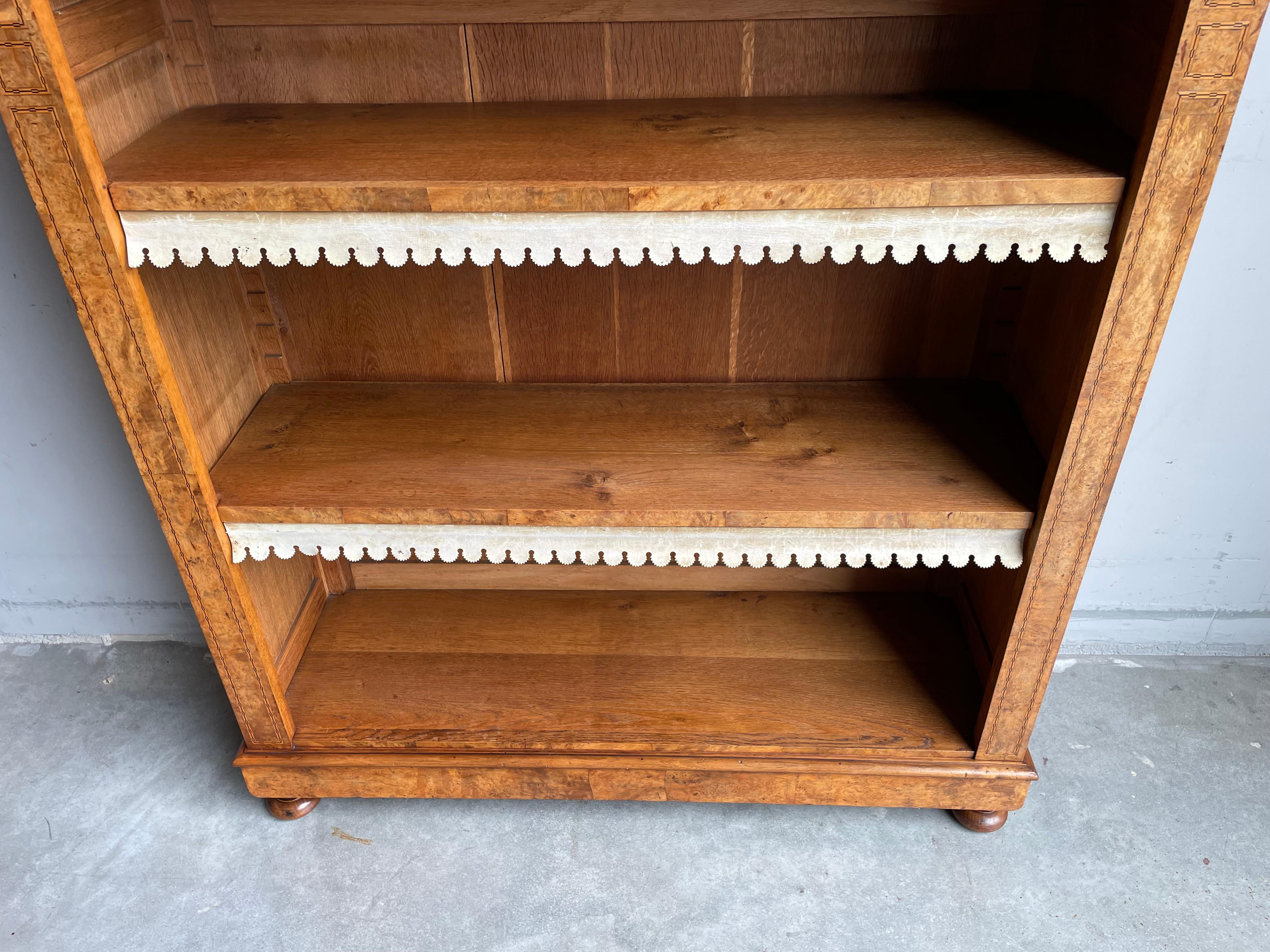 19th Century Antique & Timeless Open Bookcase of Oak & Burl Nutwood w. Inlaid Patterns 1890s For Sale