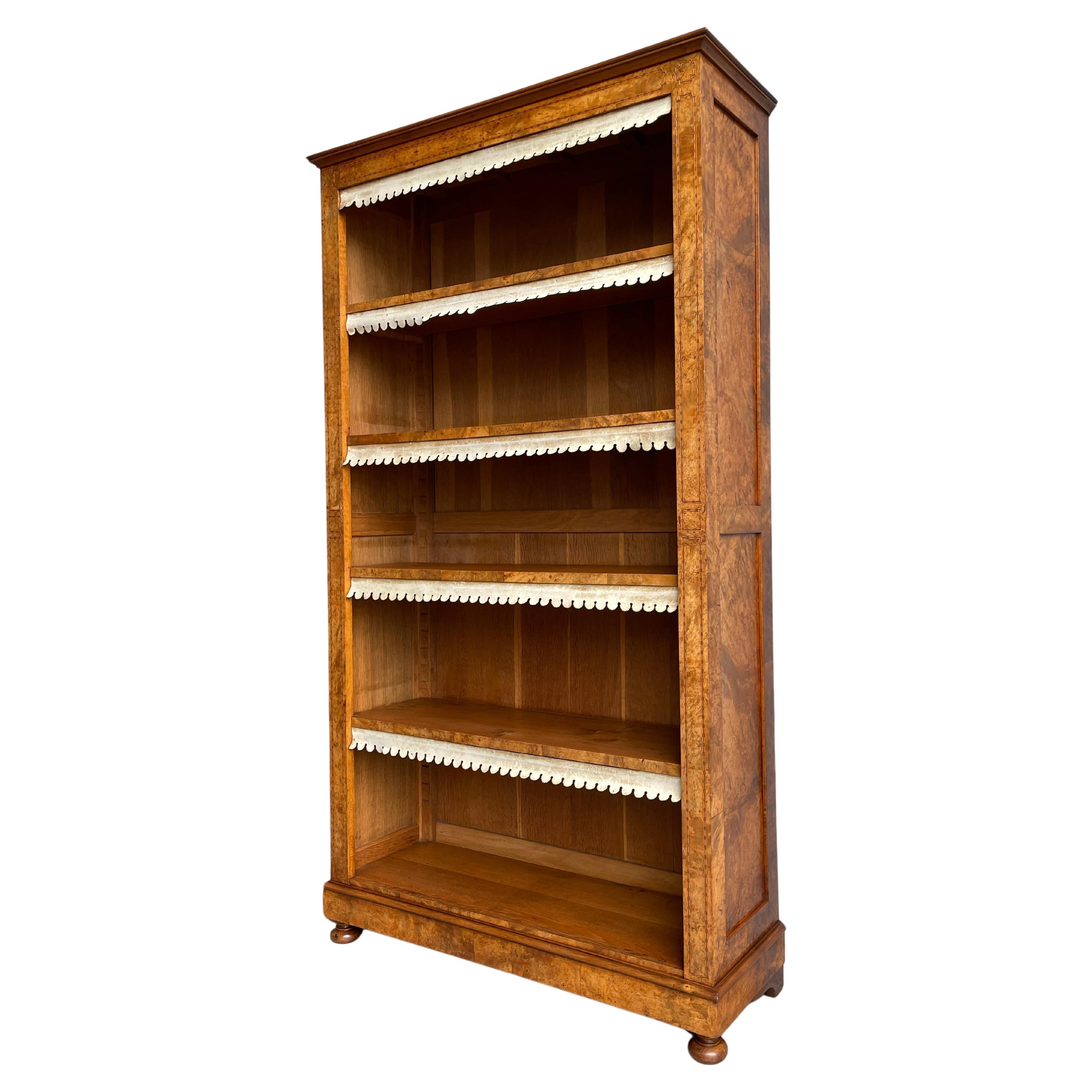 Antique & Timeless Open Bookcase of Oak & Burl Nutwood w. Inlaid Patterns 1890s For Sale