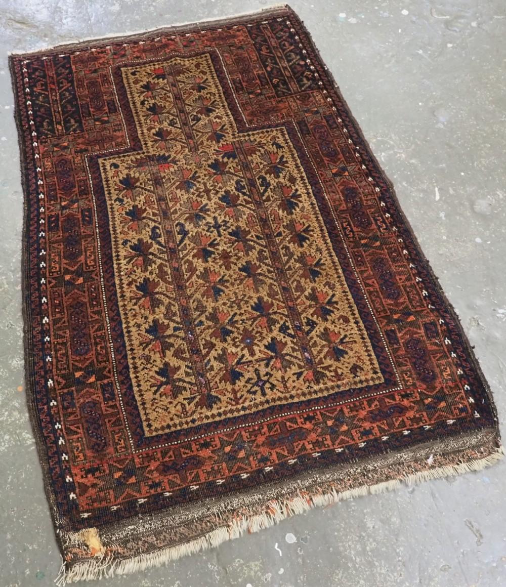 Antique Western Afghan Timuri / Baluch camel ground prayer rug with tree of life
Circa 1880

The rug is beautifully drawn with a 'tree of life' design and has excellent colour, the camel wool ground is very soft Note that there are in fact three