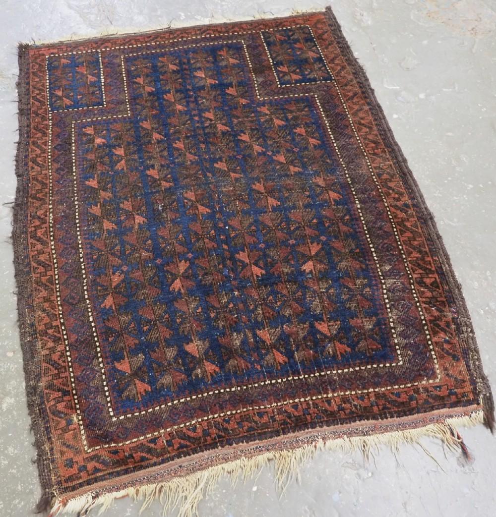 Antique Timuri / Baluch blue ground prayer rug with repeat leaf design
Circa 1880

This is a scarce example of a blue ground Timuri rug from Western Afghanistan, with an all over lotus leaf design; the hand placements also contain the leaf design