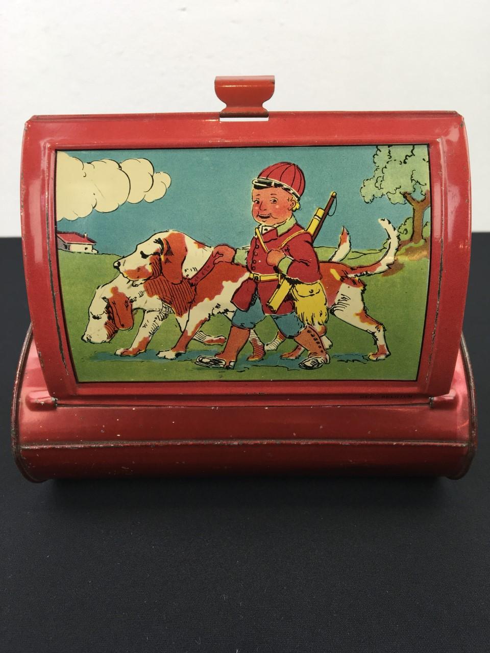 Antique Tin Botanize-Barrel with Hunting Boy and Dogs For Sale 5