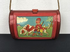 Antique Tin Botanize-Barrel with Hunting Boy and Dogs