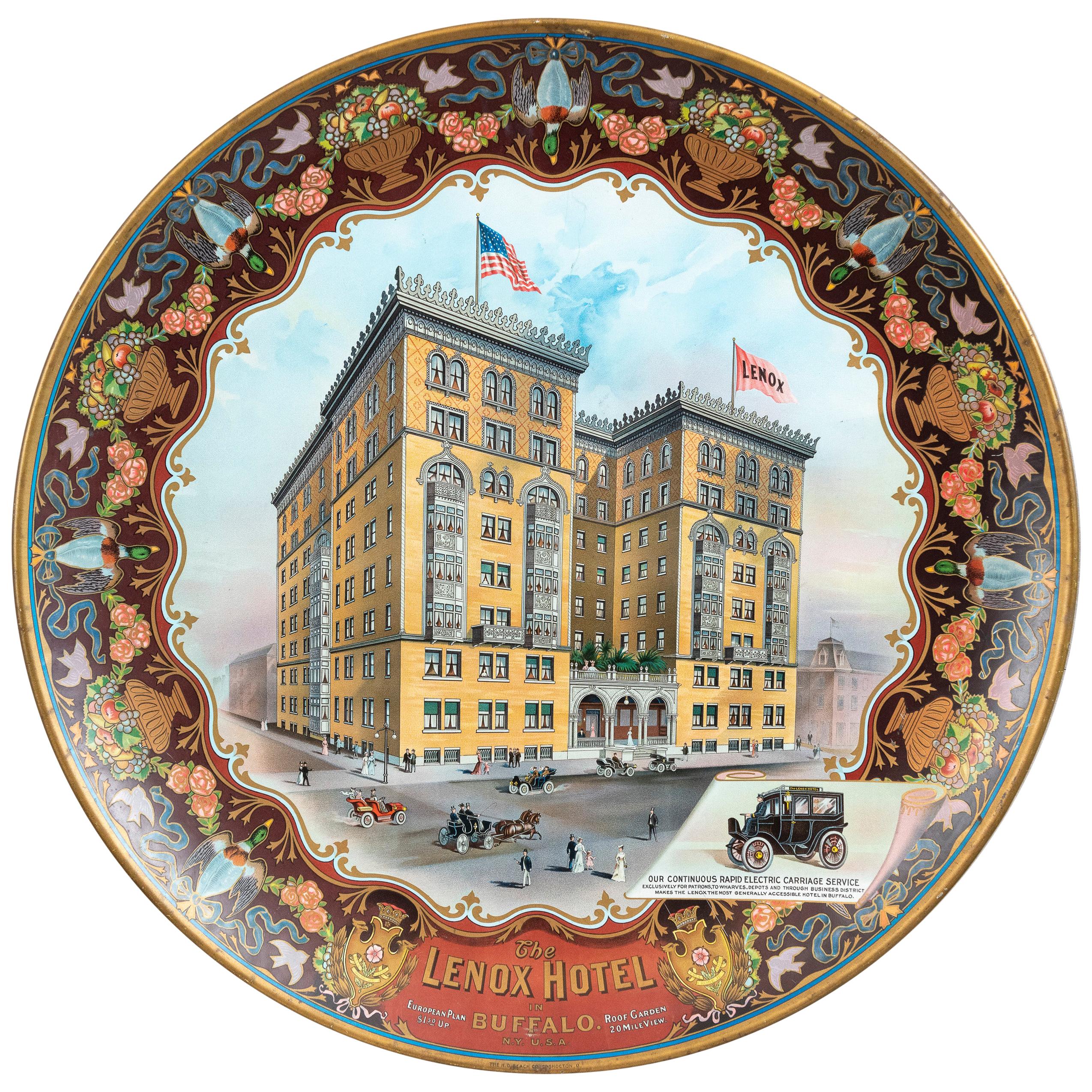 Antique Tin Charger Advertising Sign, Lenox Hotel Buffalo N.Y, ca. 1910