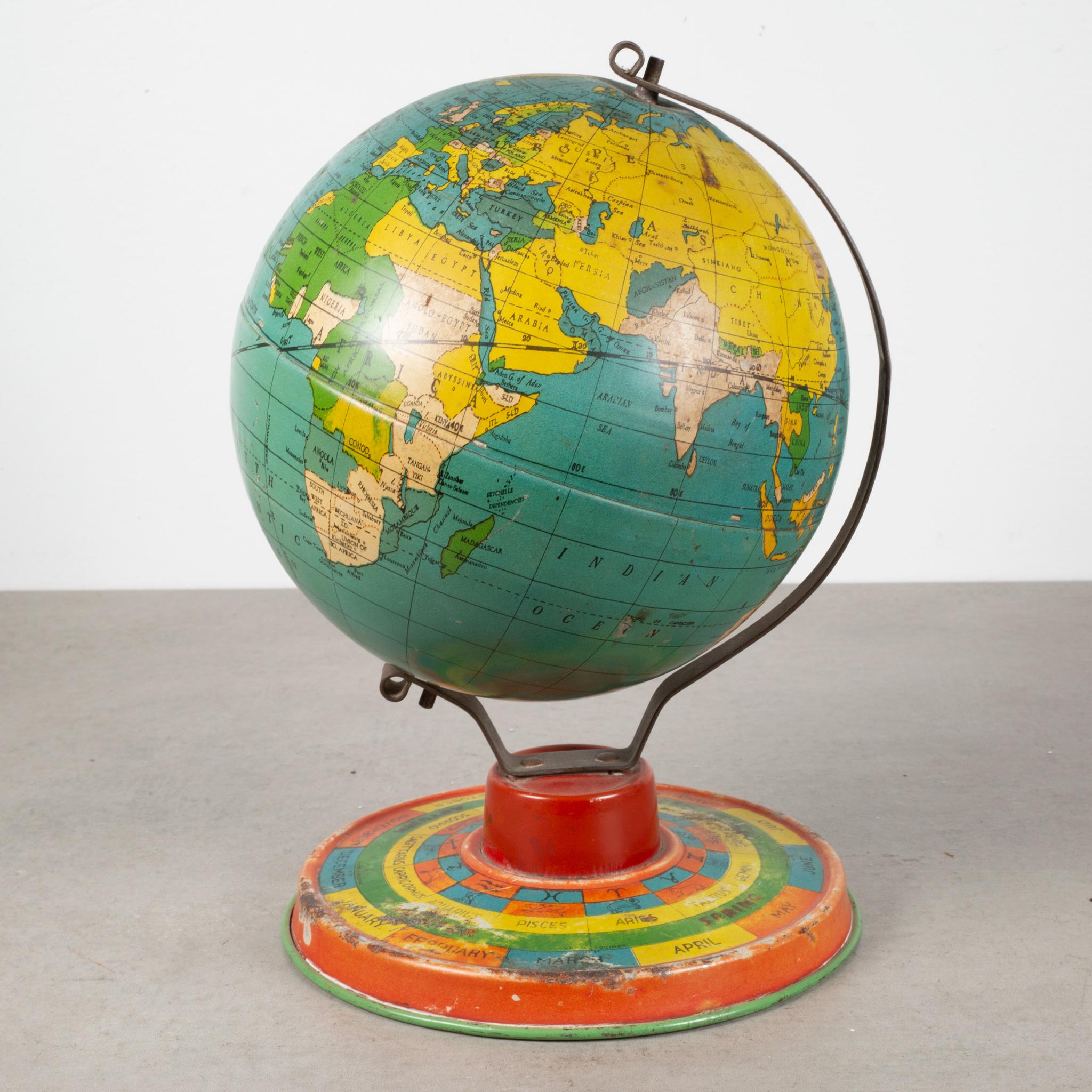 ABOUT

An antique tin lithograph travel game globe with months, seasons and the Zodiac on the base.

    CREATOR J. Chein & Co. New York.
    DATE OF MANUFACTURE c.1930s.
    MATERIALS AND TECHNIQUES Metal, Tin.
    CONDITION Good. Wear consistent
