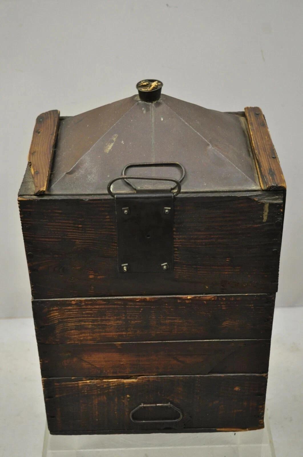 Antique Tin Metal Export Transport 5 Gallon Canister Container with Wood CaseAnt For Sale 6