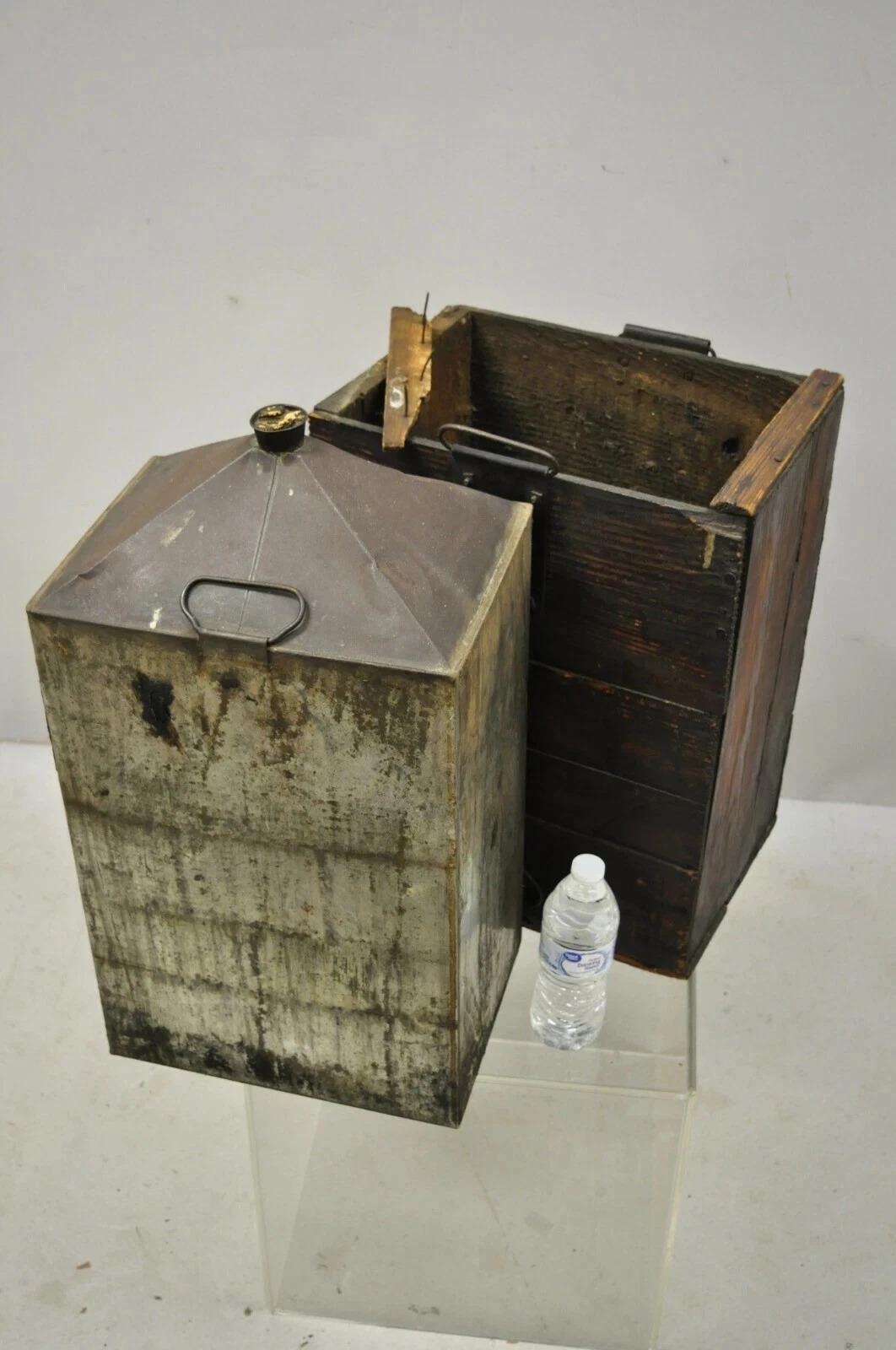 Antique Tin Metal Export Transport 5 Gallon Canister Container with Wood CaseAnt For Sale 2