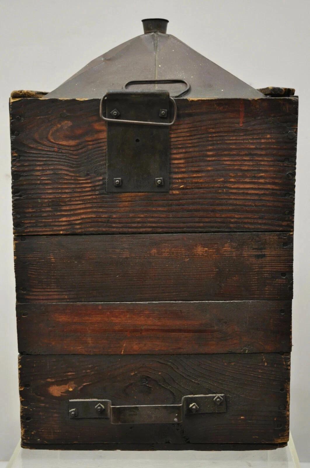 Antique Tin Metal Export Transport 5 Gallon Canister Container with Wood CaseAnt For Sale 3
