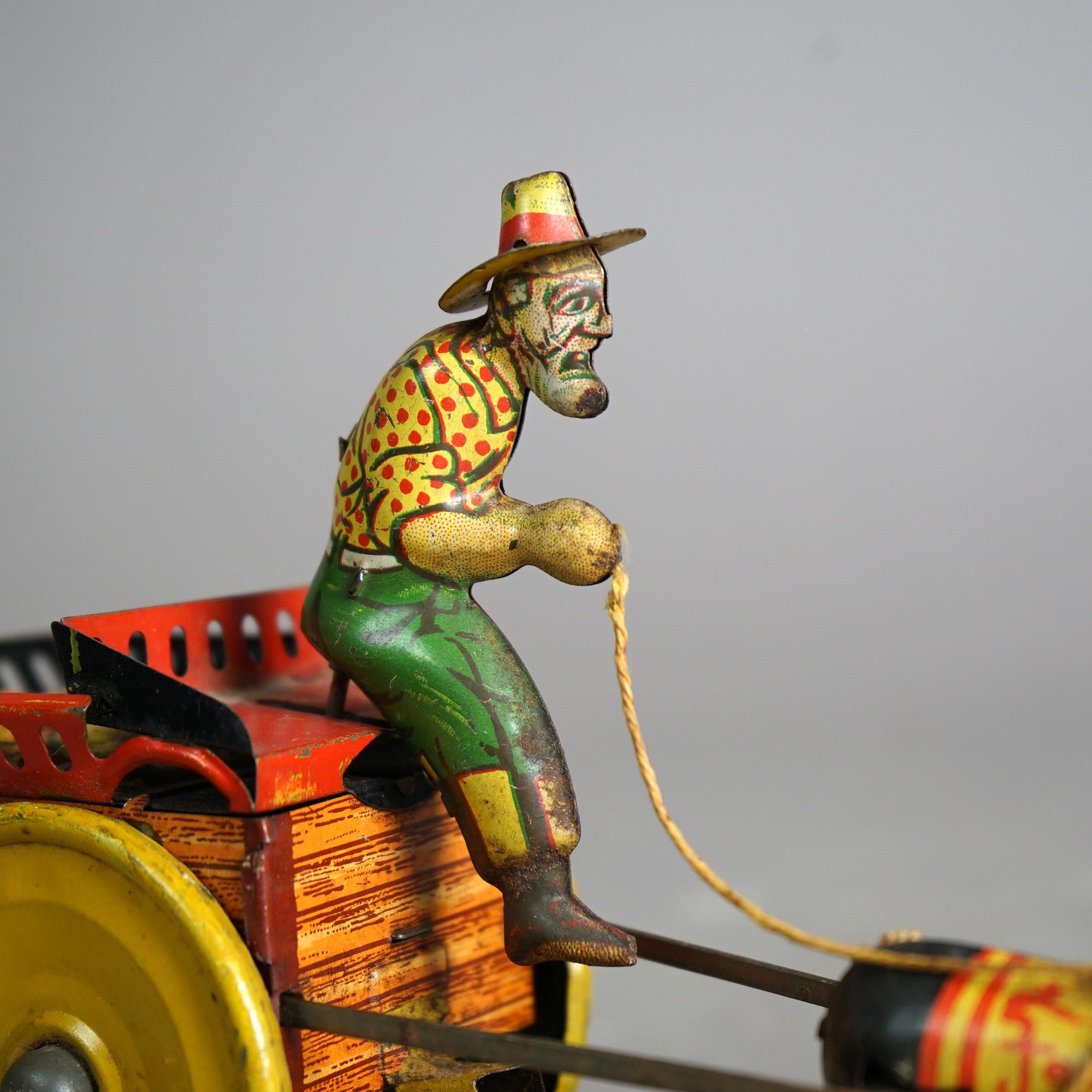 Antique Tin Wind-Up Toy by The Ferdinand Strauss Corp; Man, Mule & Wagon; c1920 1