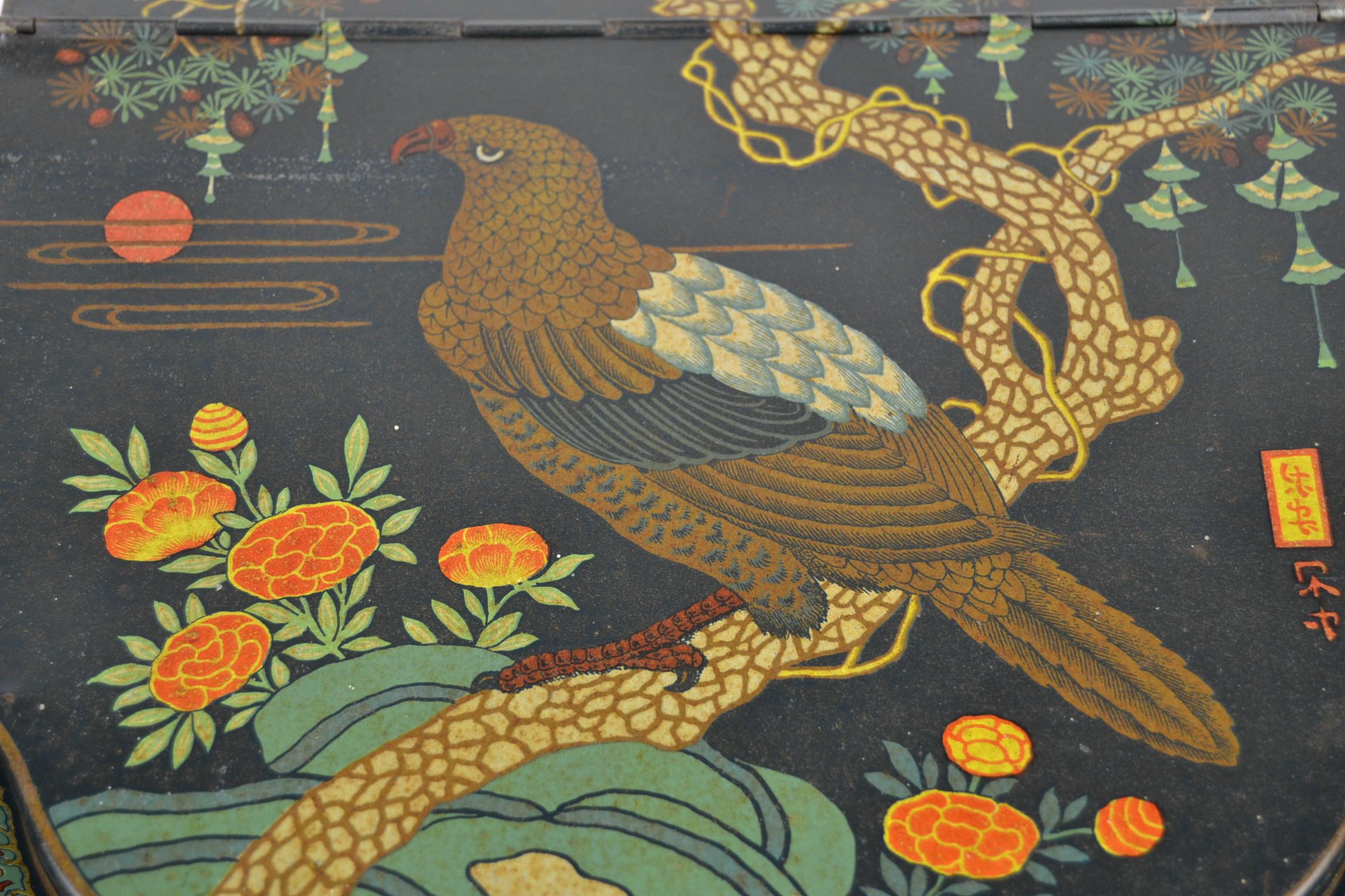 Dutch Antique Tin with Asian Birds, 1920s, The Netherlands