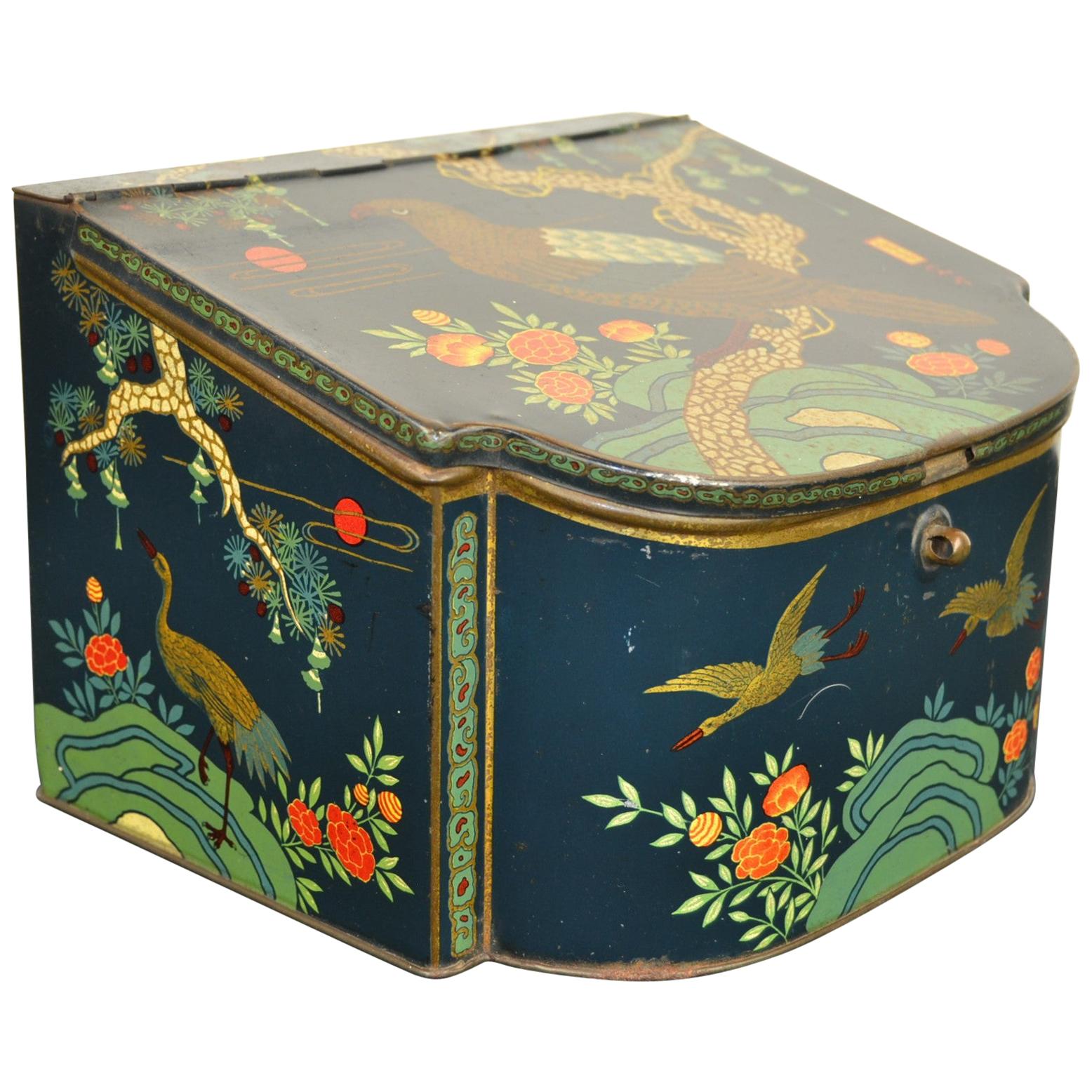 Antique Tin with Asian Birds, 1920s, The Netherlands