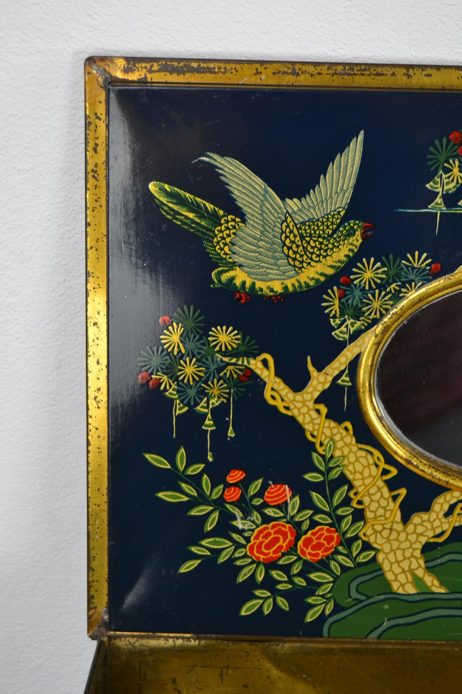 Antique Tin with Birds and Mirror Inside 9