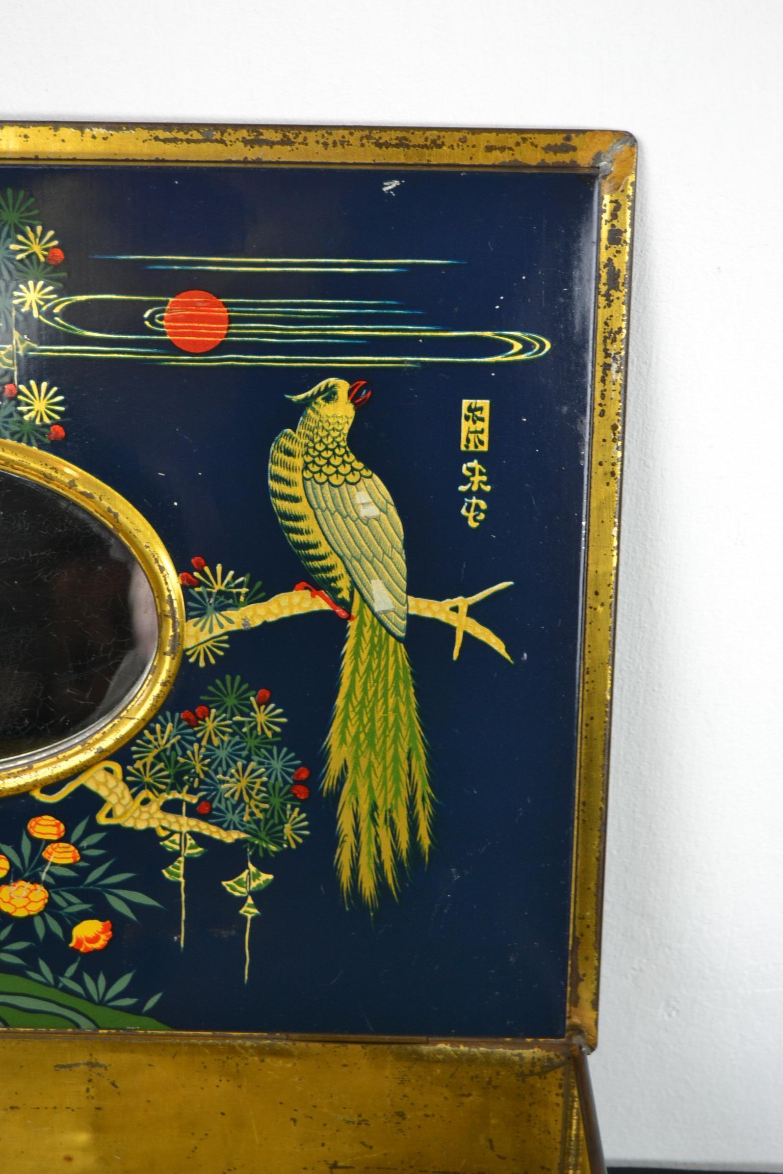 Antique Tin with Birds and Mirror Inside 11