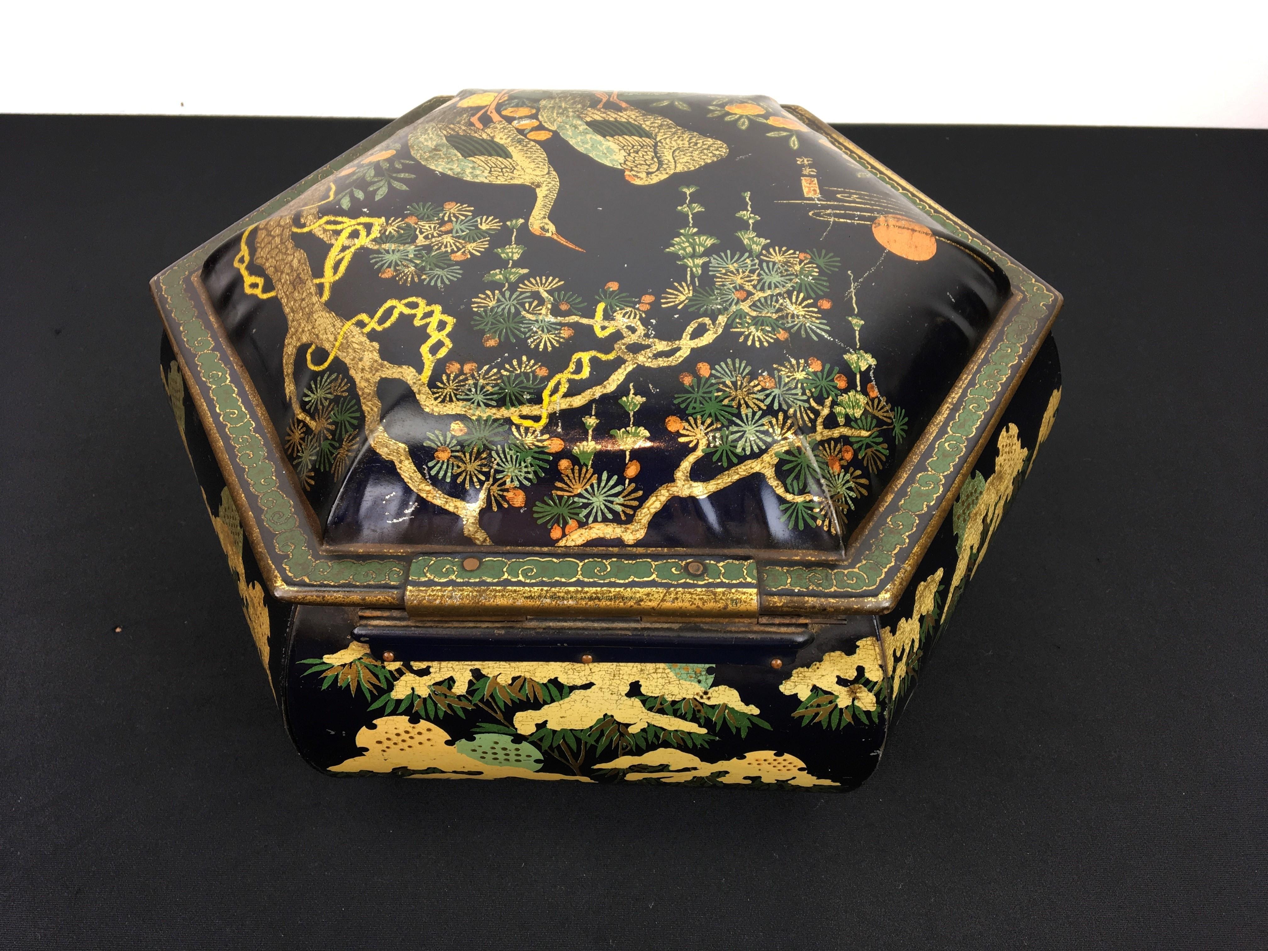 Antique Tin with Cranes Asian Style, Early 20th Century 5